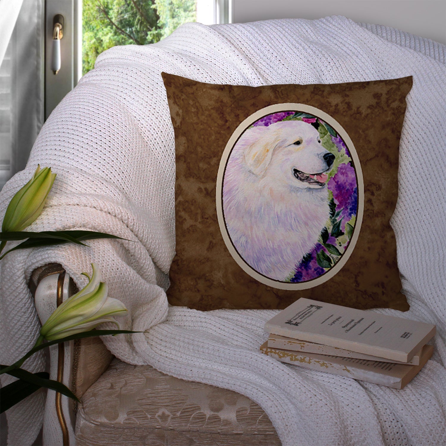 Great Pyrenees Decorative Throw Pillow 14x14 Indoor Outdoor Accent Cushion, Fabric Cover with Insert for Sofa, Bed, Porch & Living Room