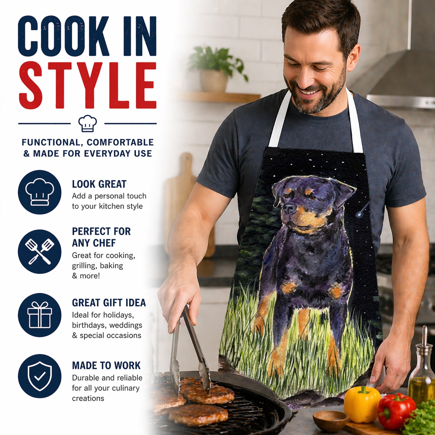 Starry Night Rottweiler Apron Cooking Kitchen Server Baking Crafts Gardening for Adult Women Men, Unisex, Large, Multicolor