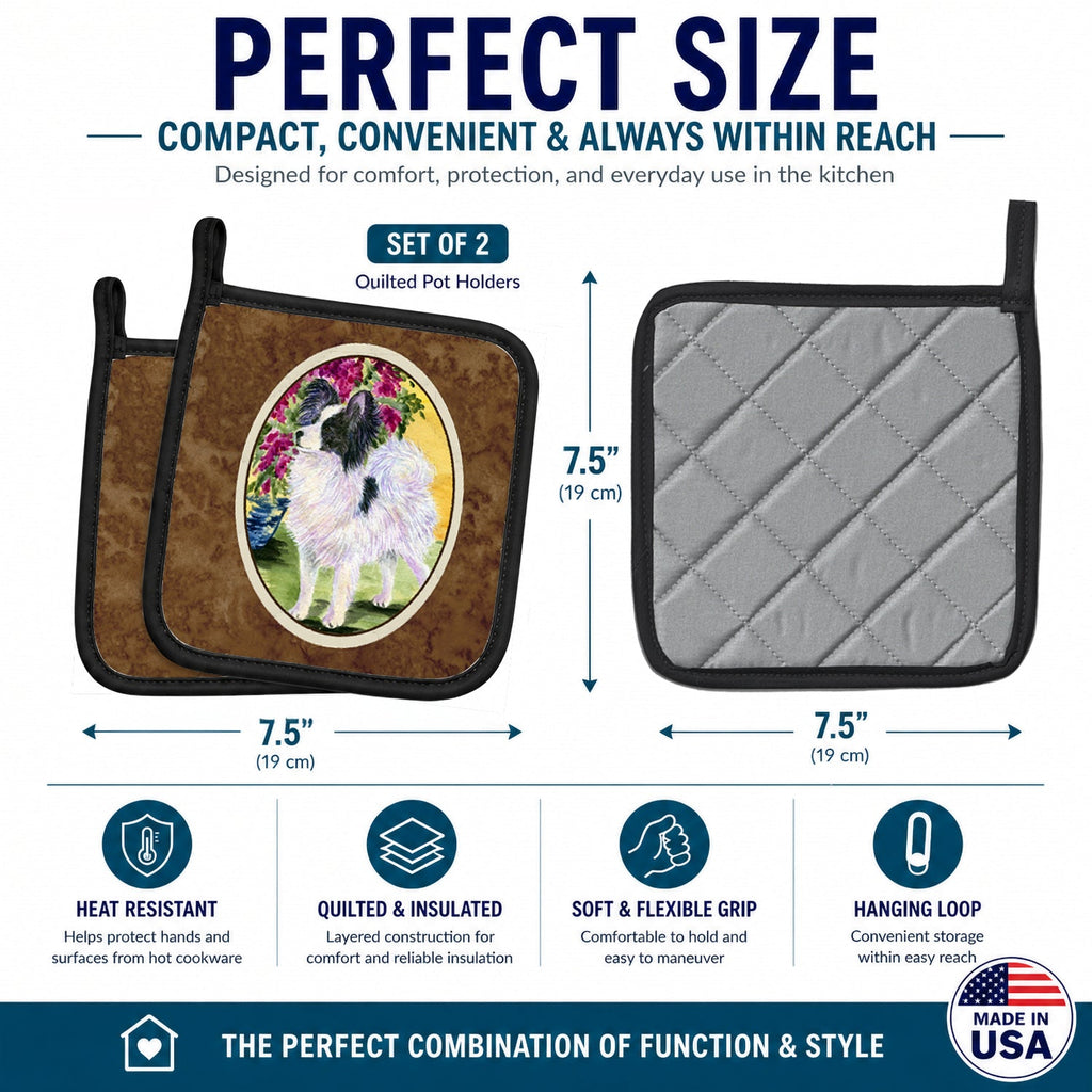 Papillon Pot Holder Set of 2 Heat Resistant Quilted Hot Pads 7.5 x 7.5 Inch, Insulated Kitchen Trivets for Cooking & Baking