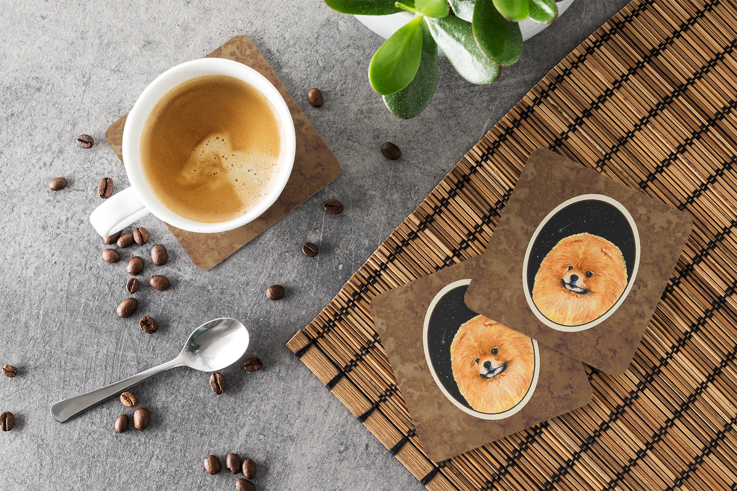 Starry Night Pomeranian Foam Coasters Set of 4 Cup Coasters for Indoor Outdoor, Tabletop Protection, Anti Slip, Mouse pad Material