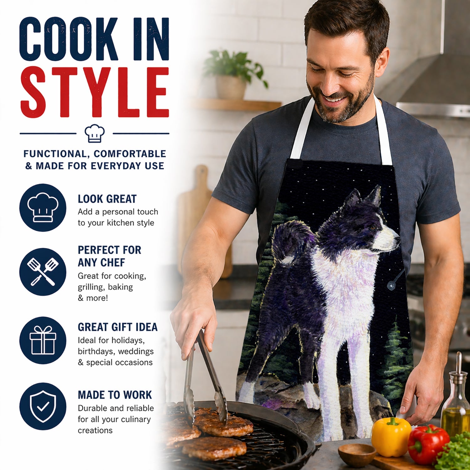 Starry Night Karelian Bear Dog Apron Cooking Kitchen Server Baking Crafts Gardening for Adult Women Men, Unisex, Large, Multicolor