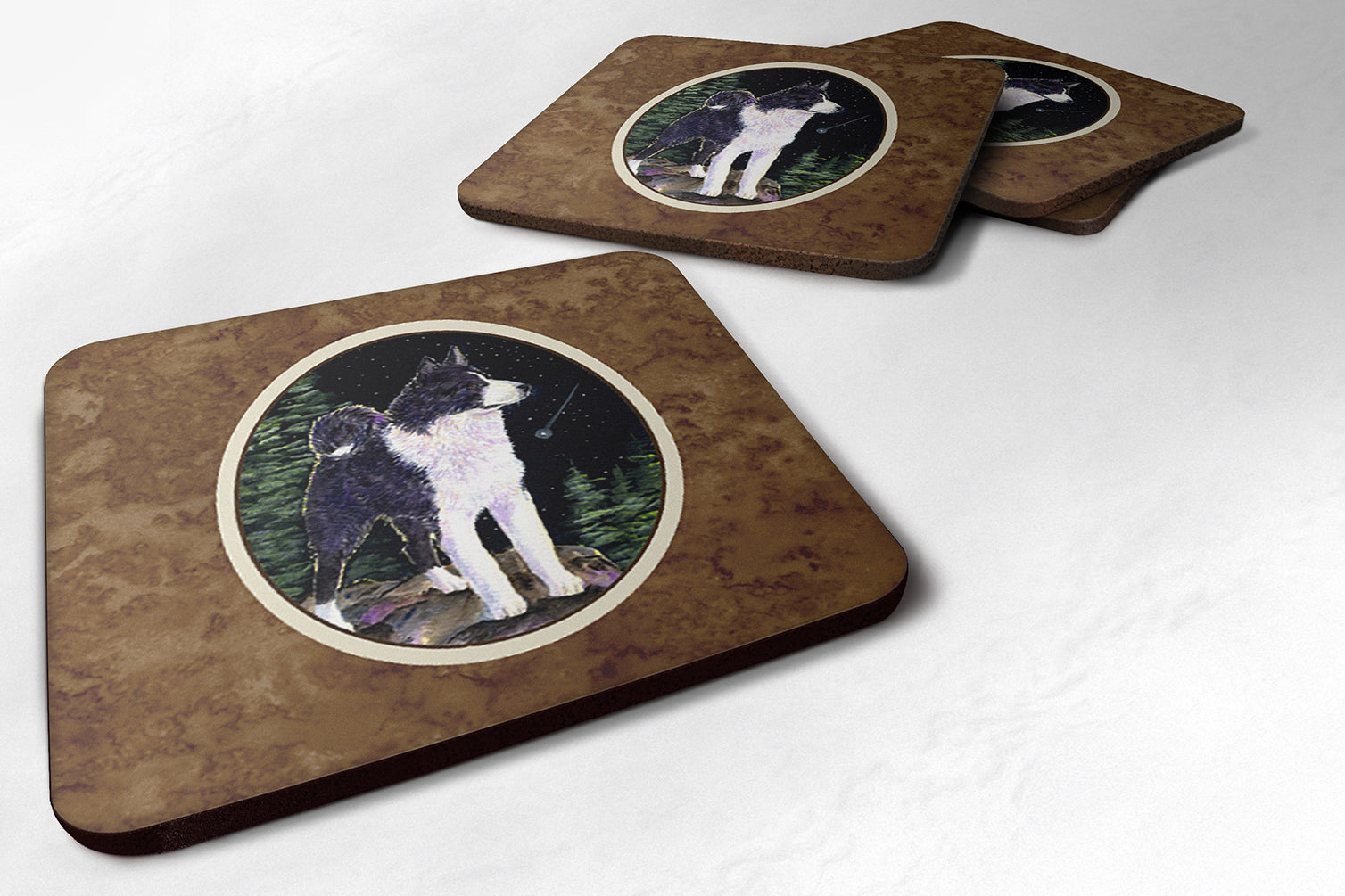 Starry Night Karelian Bear Dog Foam Coasters Set of 4 Cup Coasters for Indoor Outdoor, Tabletop Protection, Anti Slip, Mouse pad Material