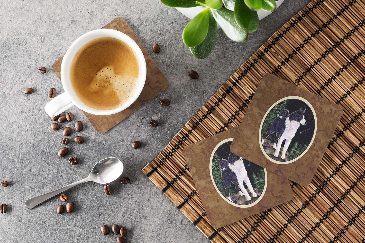 Starry Night Karelian Bear Dog Foam Coasters Set of 4 Cup Coasters for Indoor Outdoor, Tabletop Protection, Anti Slip, Mouse pad Material
