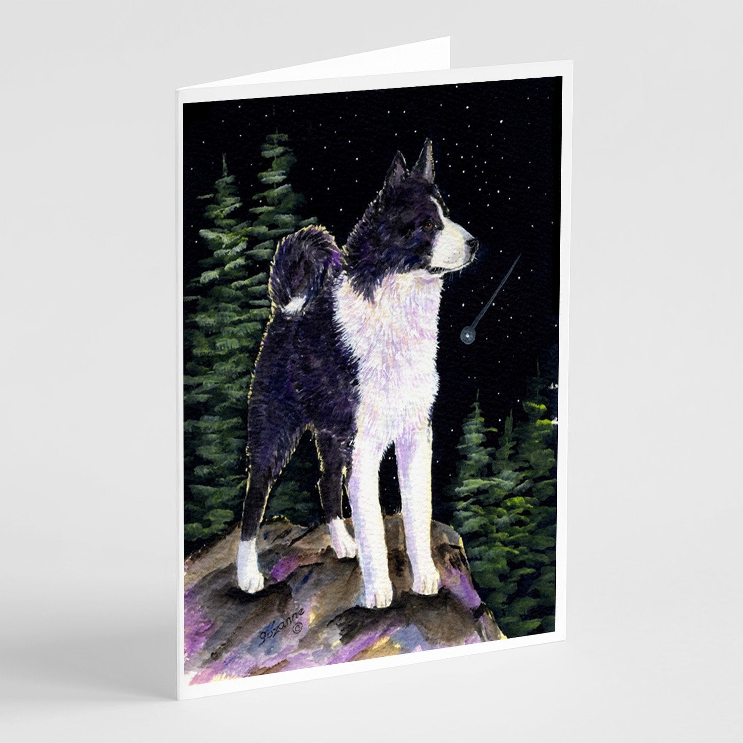 Starry Night Karelian Bear Dog Greeting Cards Pack of 8 Blank Cards with Envelopes Whimsical A7 Size 5x7