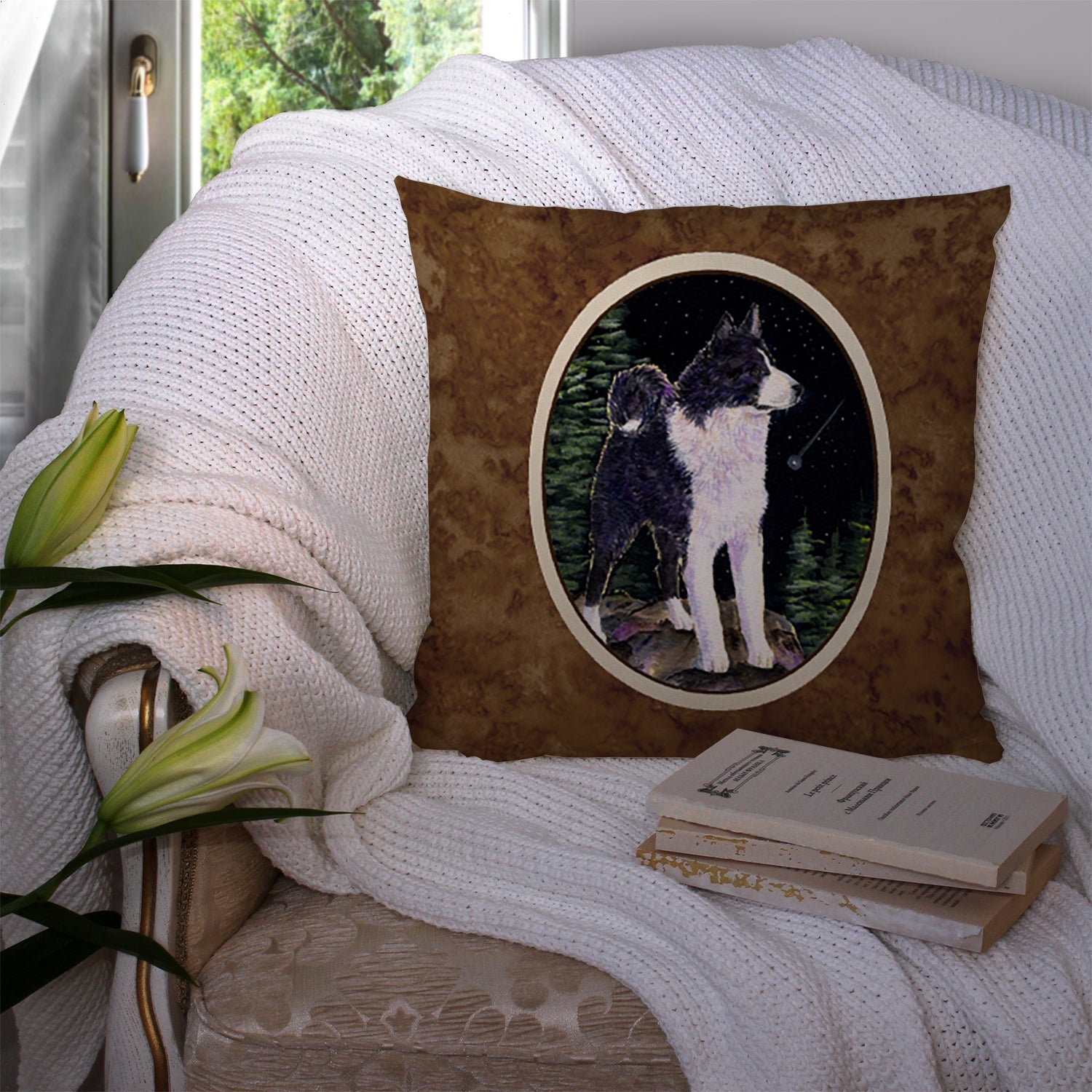 Starry Night Karelian Bear Dog Decorative Throw Pillow 14x14 Indoor Outdoor Accent Cushion, Fabric Cover with Insert for Sofa, Bed, Porch & Living Room