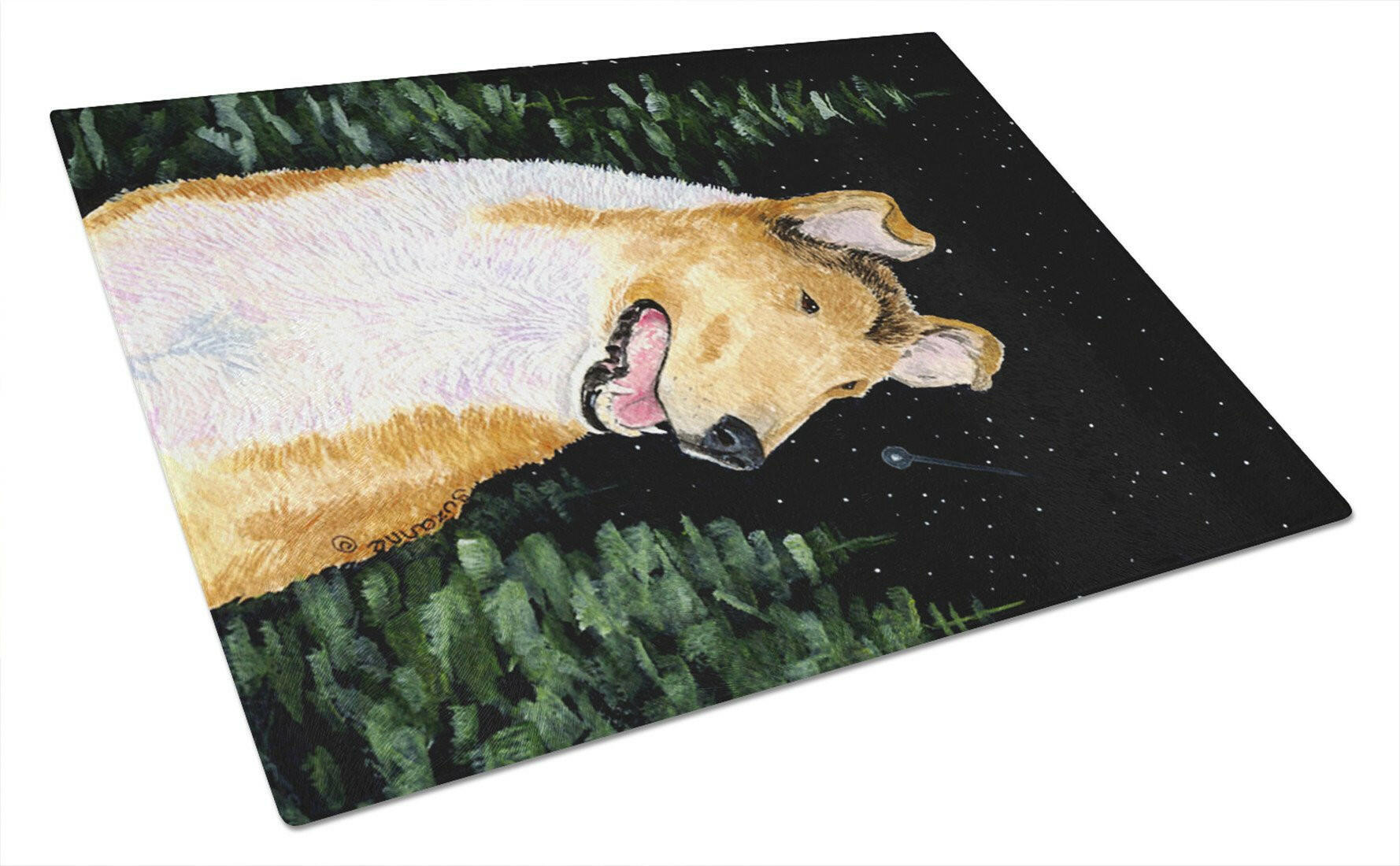 Starry Night Collie Smooth Cutting Board Tempered Glass Kitchen Cutting Surface, Heat Resistant Chopping, Non-Slip Feet, Food Prep & Serving