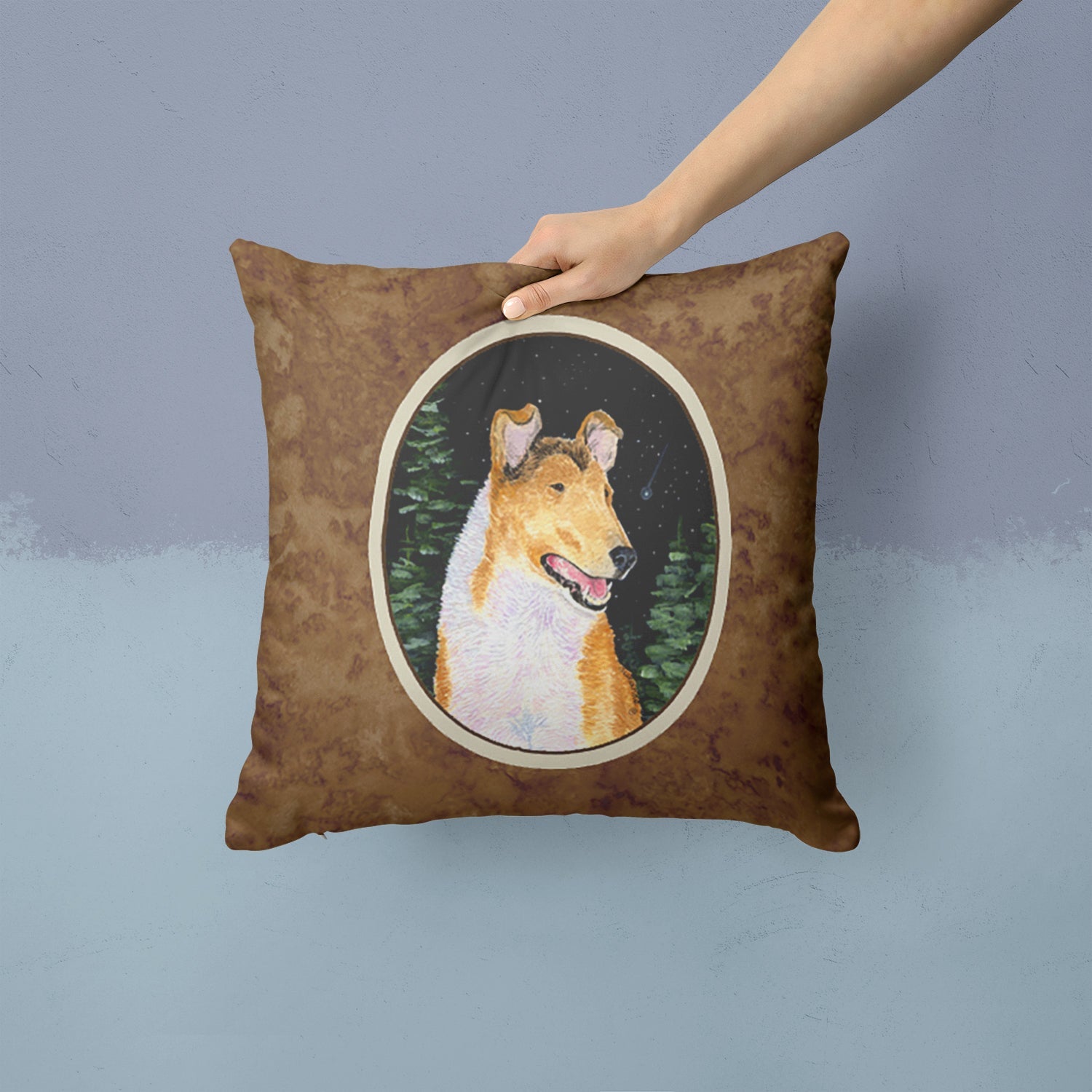 Starry Night Collie Smooth Decorative Throw Pillow 14x14 Indoor Outdoor Accent Cushion, Fabric Cover with Insert for Sofa, Bed, Porch & Living Room