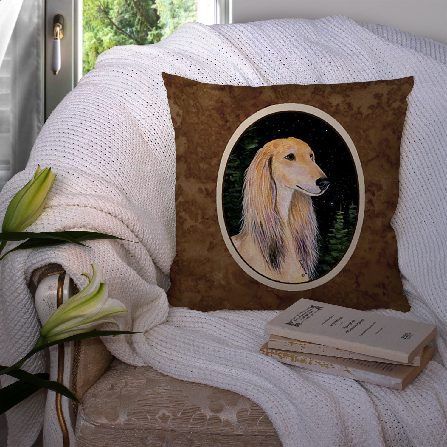 Starry Night Saluki Decorative Throw Pillow 14x14 Indoor Outdoor Accent Cushion, Fabric Cover with Insert for Sofa, Bed, Porch & Living Room