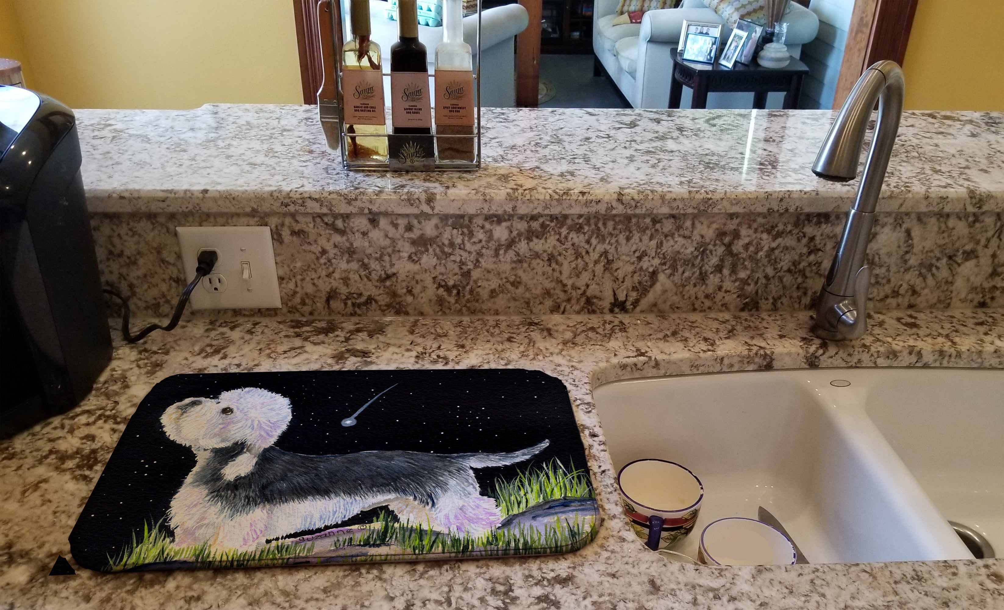 Starry Night Dandie Dinmont Terrier Dish Drying Mat Absorbent Dish Drying Mat Pad for Kitchen Counter Dish Drainer Mat for Countertop, 14 x 21", Multicolor