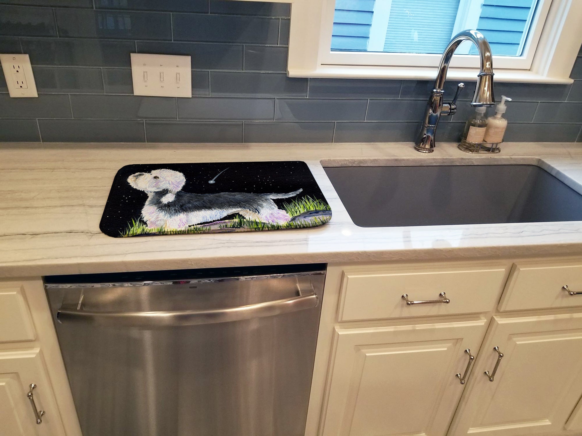 Starry Night Dandie Dinmont Terrier Dish Drying Mat Absorbent Dish Drying Mat Pad for Kitchen Counter Dish Drainer Mat for Countertop, 14 x 21", Multicolor
