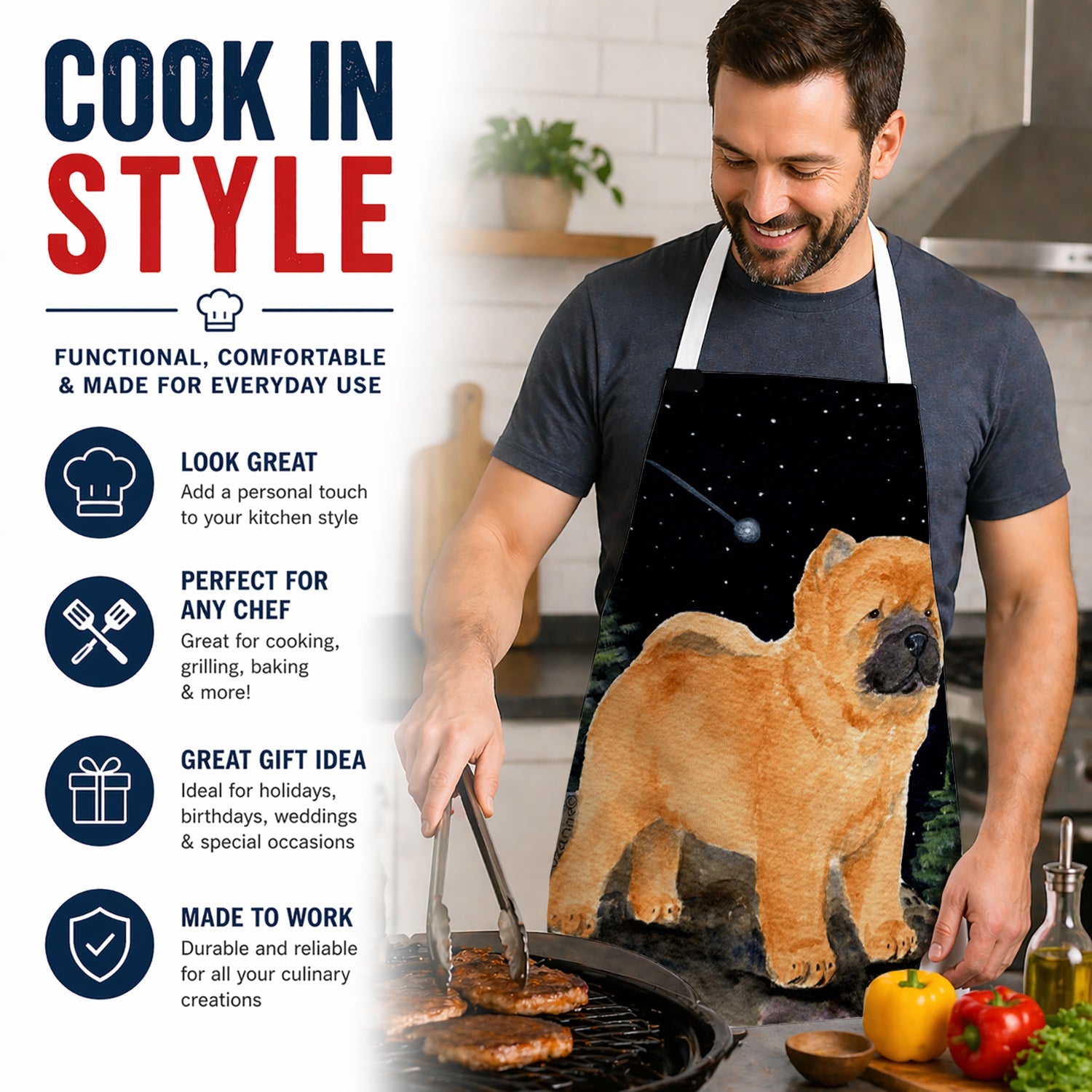 Starry Night Chow Chow Apron Cooking Kitchen Server Baking Crafts Gardening for Adult Women Men, Unisex, Large, Multicolor