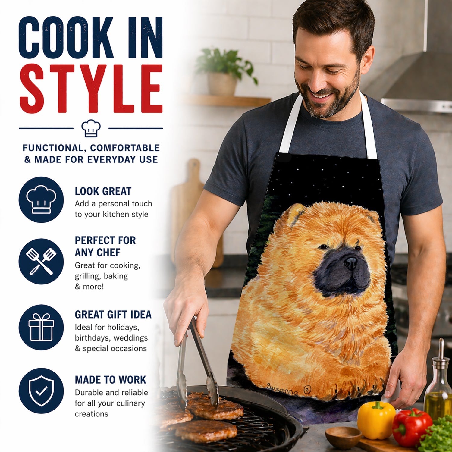 Starry Night Chow Chow Apron Cooking Kitchen Server Baking Crafts Gardening for Adult Women Men, Unisex, Large, Multicolor