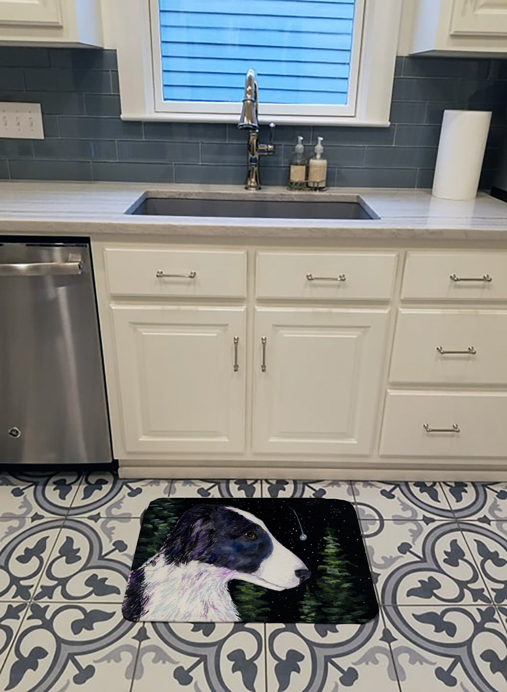 Starry Night Border Collie Memory Foam Kitchen Mat Machine Washable Anti-Fatigue Cushion Comfort Bath or Kitchen Rug