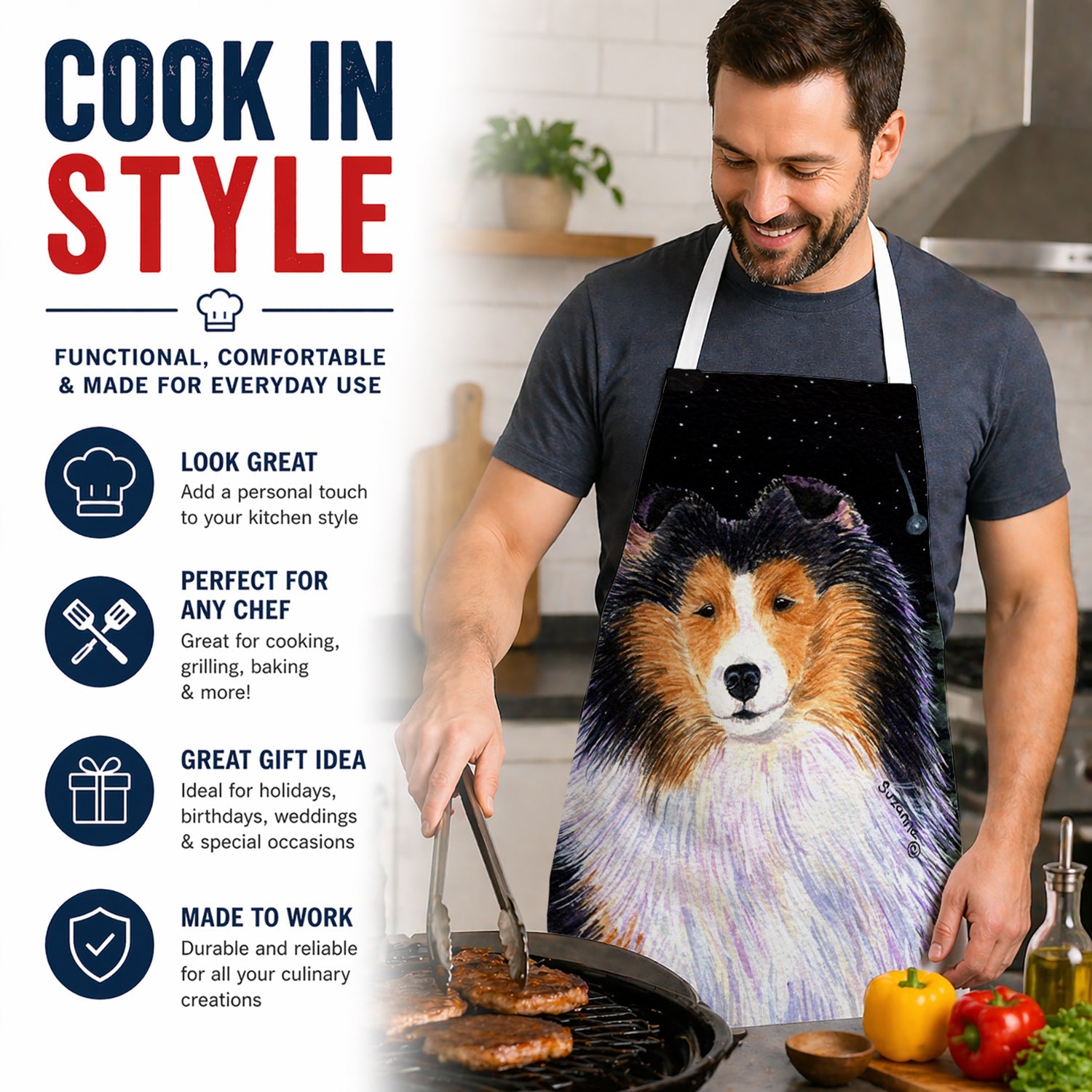Starry Night Collie Apron Cooking Kitchen Server Baking Crafts Gardening for Adult Women Men, Unisex, Large, Multicolor