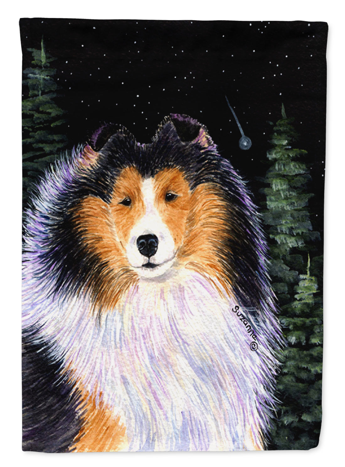 Starry Night Collie House Flag 28x40 Porch Sleeve Pole Decorative Outside Yard Banner Artwork Wall Hanging, Polyester
