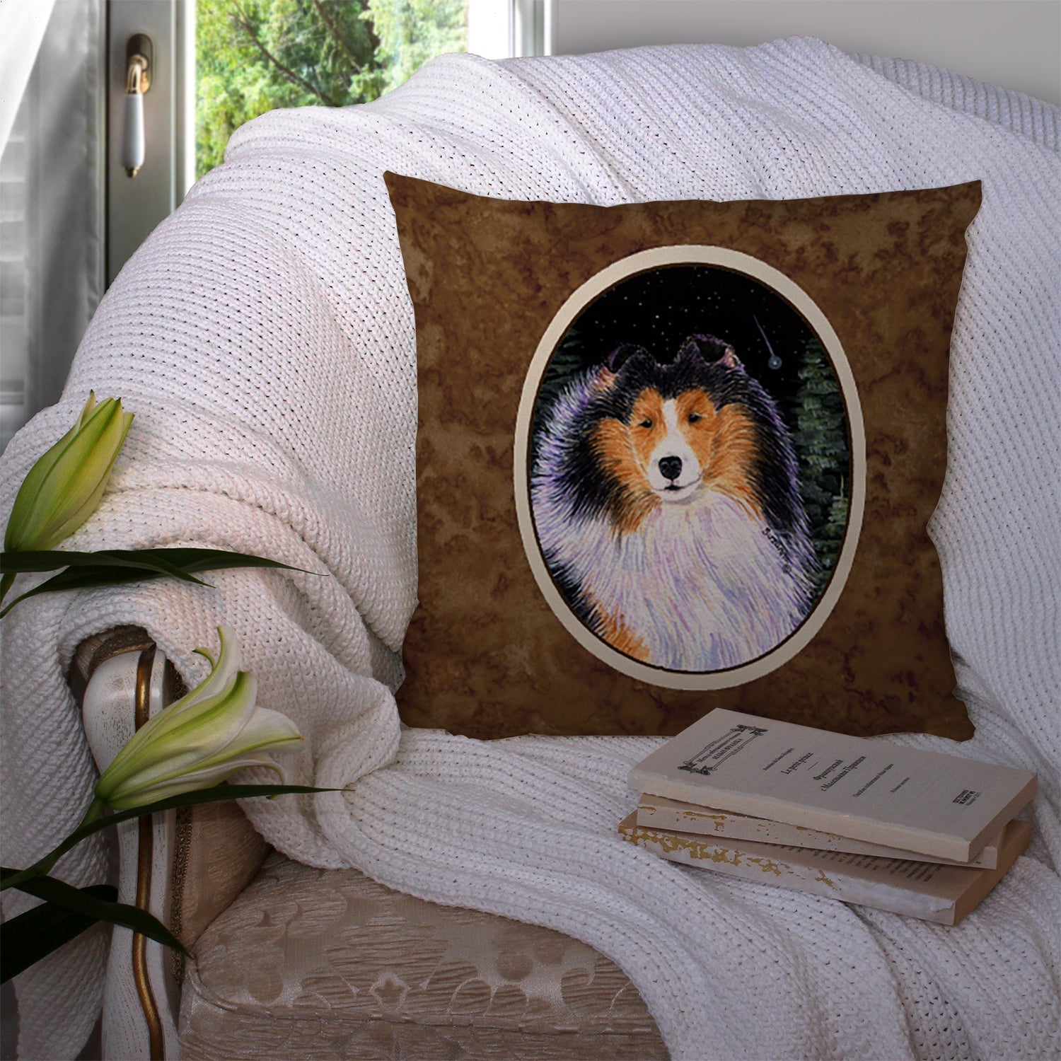 Starry Night Collie Decorative Throw Pillow 14x14 Indoor Outdoor Accent Cushion, Fabric Cover with Insert for Sofa, Bed, Porch & Living Room