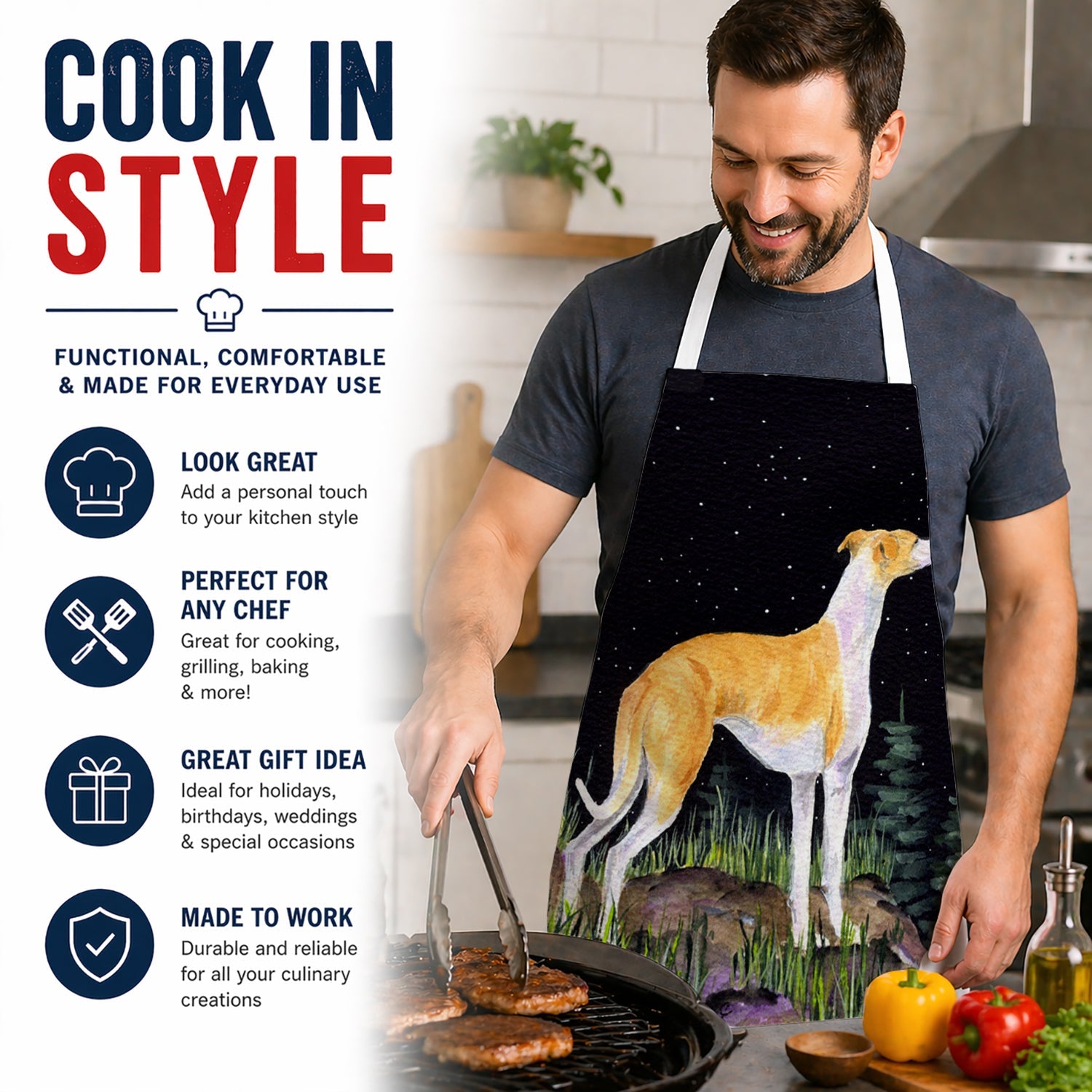 Starry Night Whippet Apron Cooking Kitchen Server Baking Crafts Gardening for Adult Women Men, Unisex, Large, Multicolor