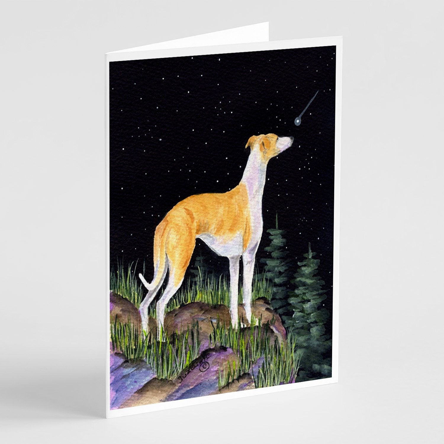 Starry Night Whippet Greeting Cards Pack of 8 Blank Cards with Envelopes Whimsical A7 Size 5x7