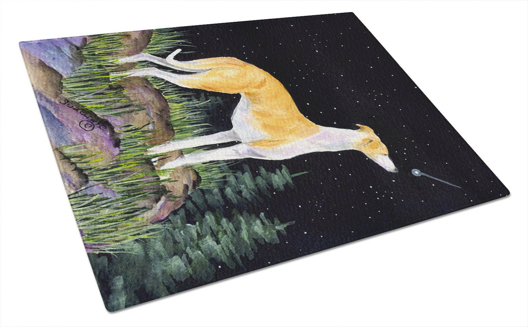 Starry Night Whippet Cutting Board Tempered Glass Kitchen Cutting Surface, Heat Resistant Chopping, Non-Slip Feet, Food Prep & Serving