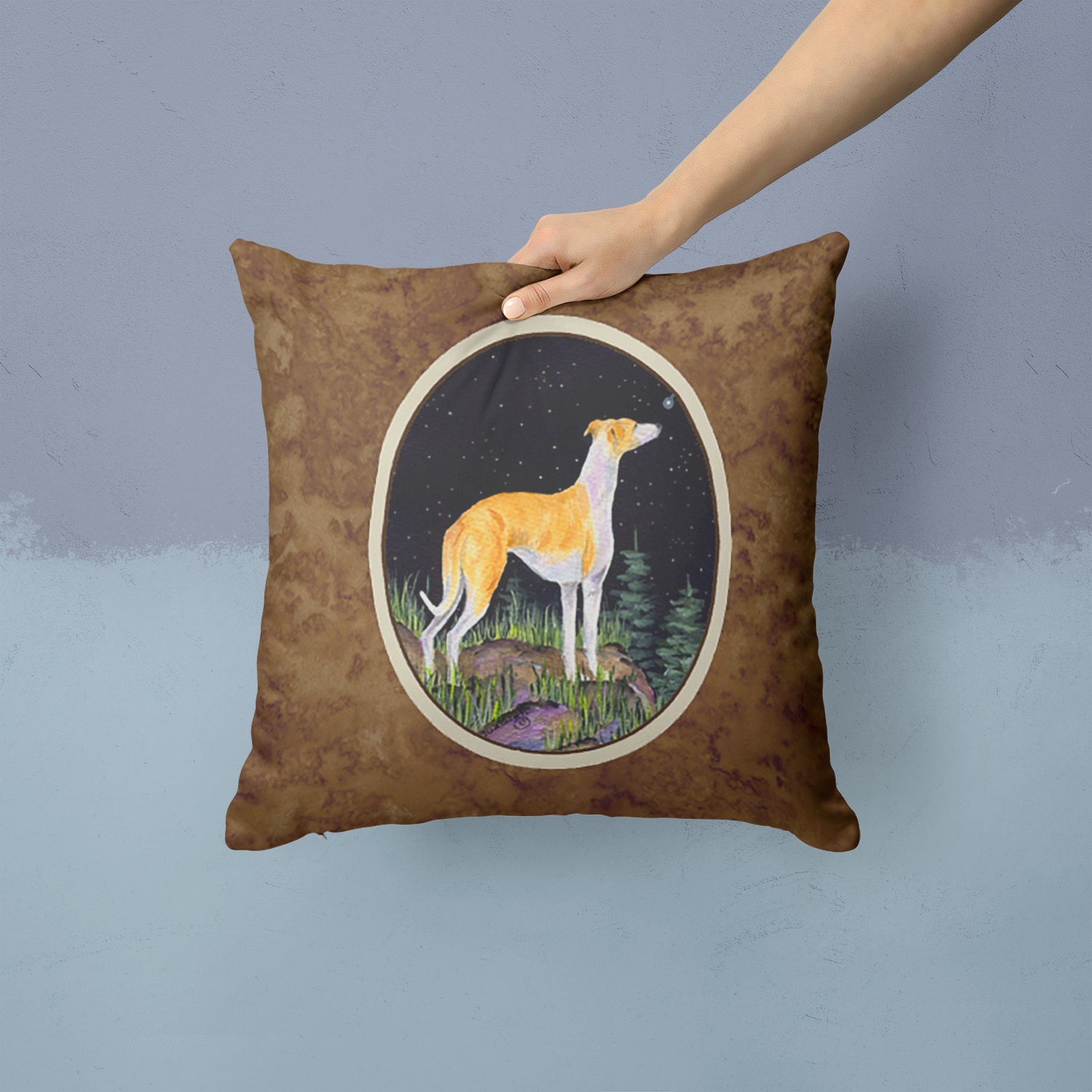 Starry Night Whippet Decorative Throw Pillow 14x14 Indoor Outdoor Accent Cushion, Fabric Cover with Insert for Sofa, Bed, Porch & Living Room