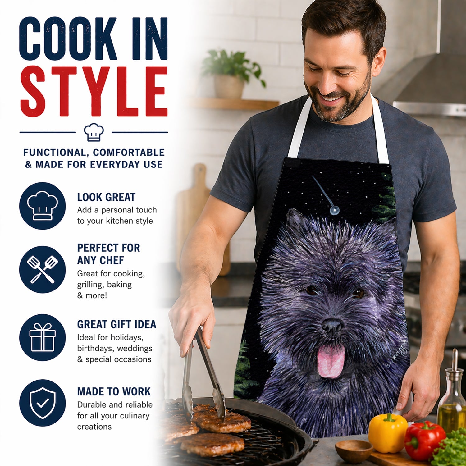 Starry Night Cairn Terrier Apron Cooking Kitchen Server Baking Crafts Gardening for Adult Women Men, Unisex, Large, Multicolor