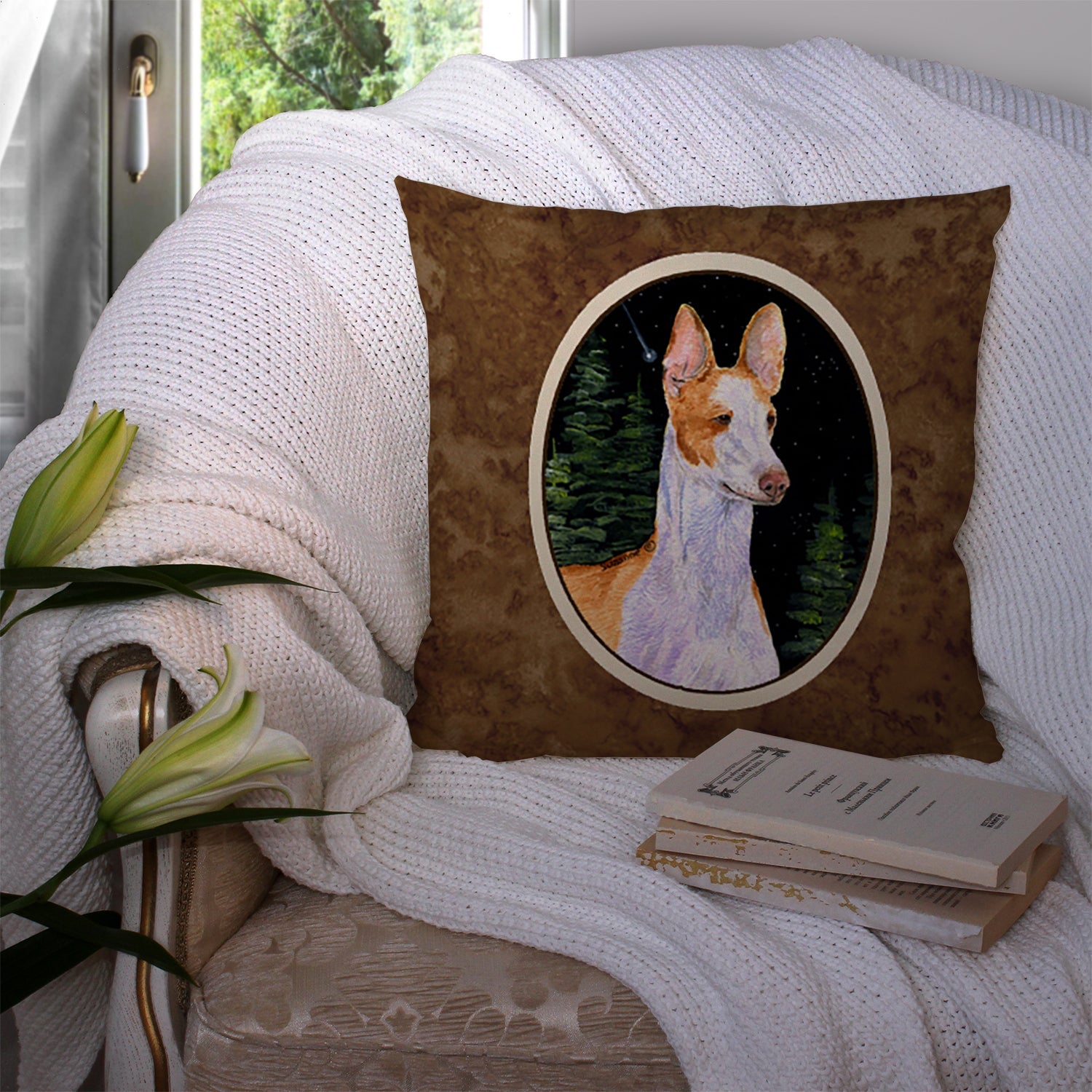 Starry Night Ibizan Hound Decorative Throw Pillow 14x14 Indoor Outdoor Accent Cushion, Fabric Cover with Insert for Sofa, Bed, Porch & Living Room