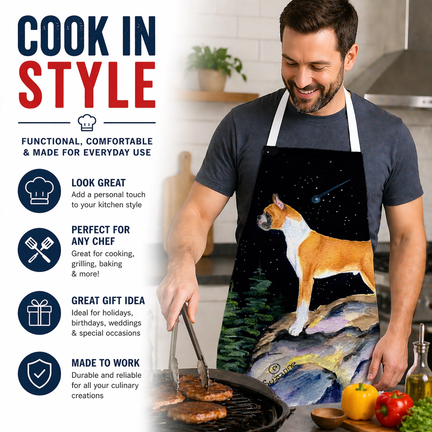 Starry Night Boxer Apron Cooking Kitchen Server Baking Crafts Gardening for Adult Women Men, Unisex, Large, Multicolor