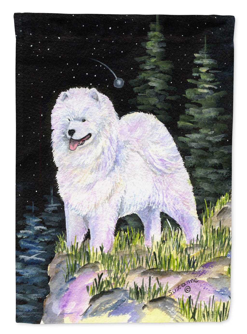 Starry Night Samoyed House Flag 28x40 Porch Sleeve Pole Decorative Outside Yard Banner Artwork Wall Hanging, Polyester