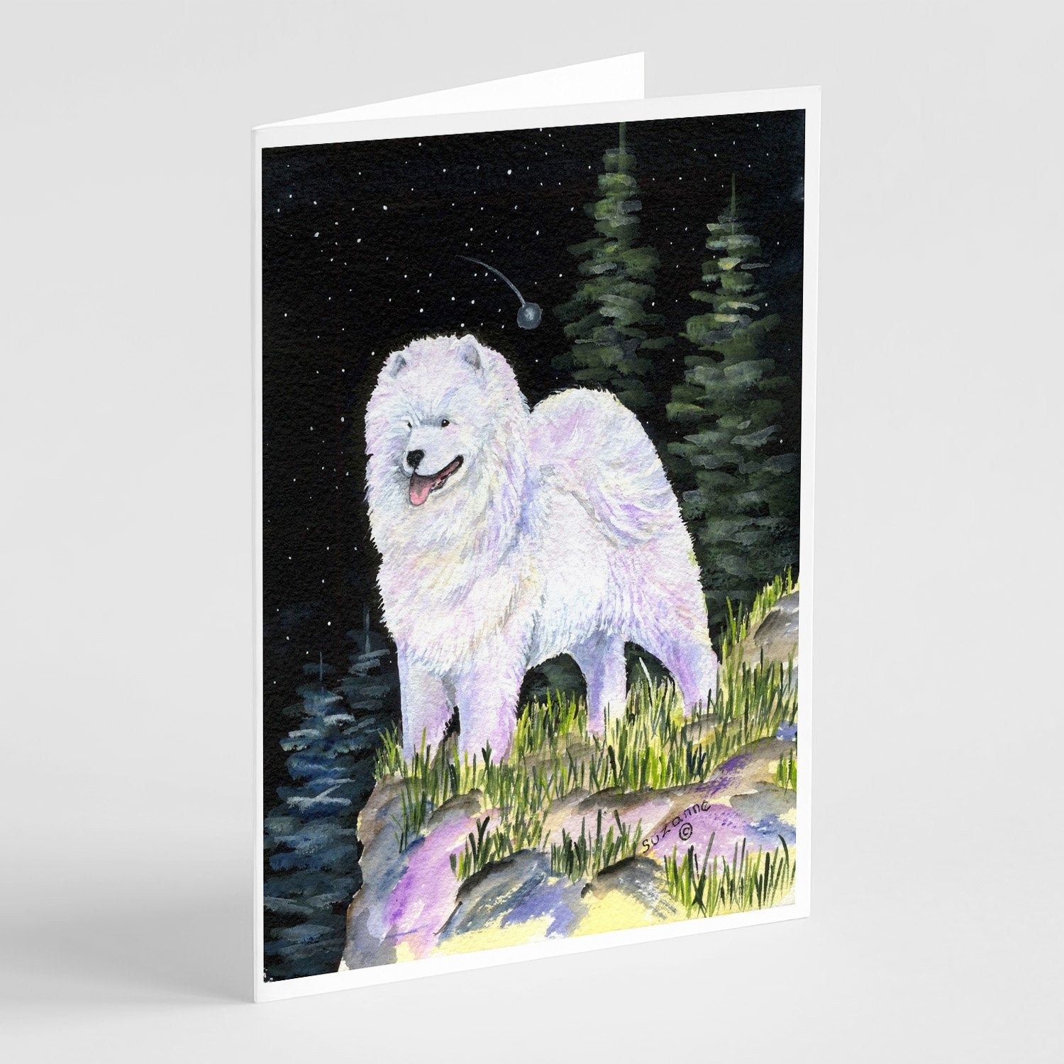Starry Night Samoyed Greeting Cards Pack of 8 Blank Cards with Envelopes Whimsical A7 Size 5x7