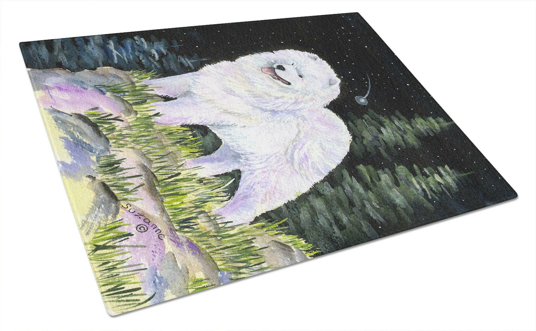 Starry Night Samoyed Cutting Board Tempered Glass Kitchen Cutting Surface, Heat Resistant Chopping, Non-Slip Feet, Food Prep & Serving