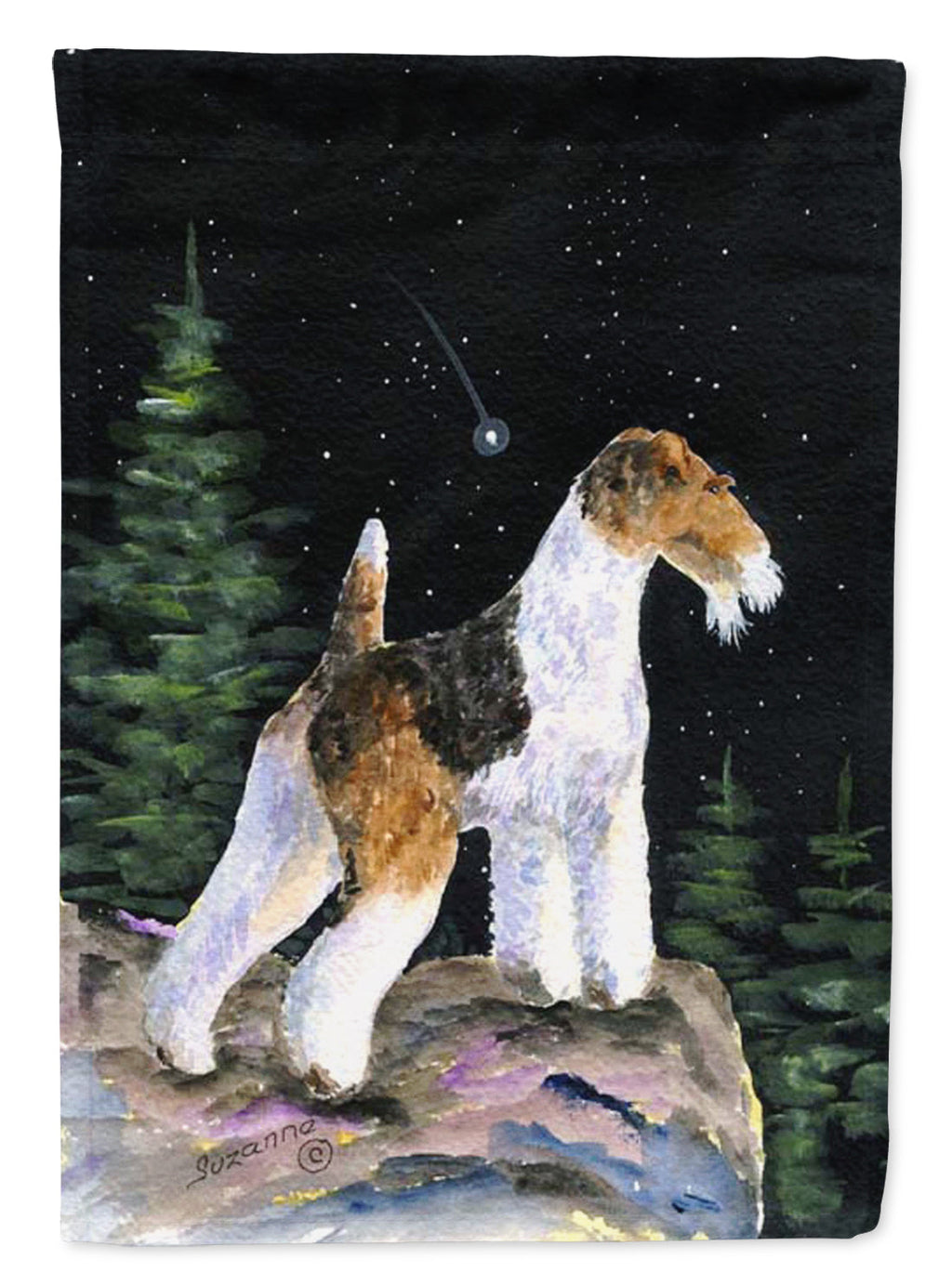 Starry Night Fox Terrier House Flag 28x40 Porch Sleeve Pole Decorative Outside Yard Banner Artwork Wall Hanging, Polyester