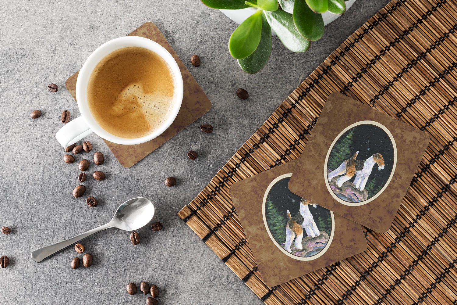Starry Night Fox Terrier Foam Coasters Set of 4 Cup Coasters for Indoor Outdoor, Tabletop Protection, Anti Slip, Mouse pad Material