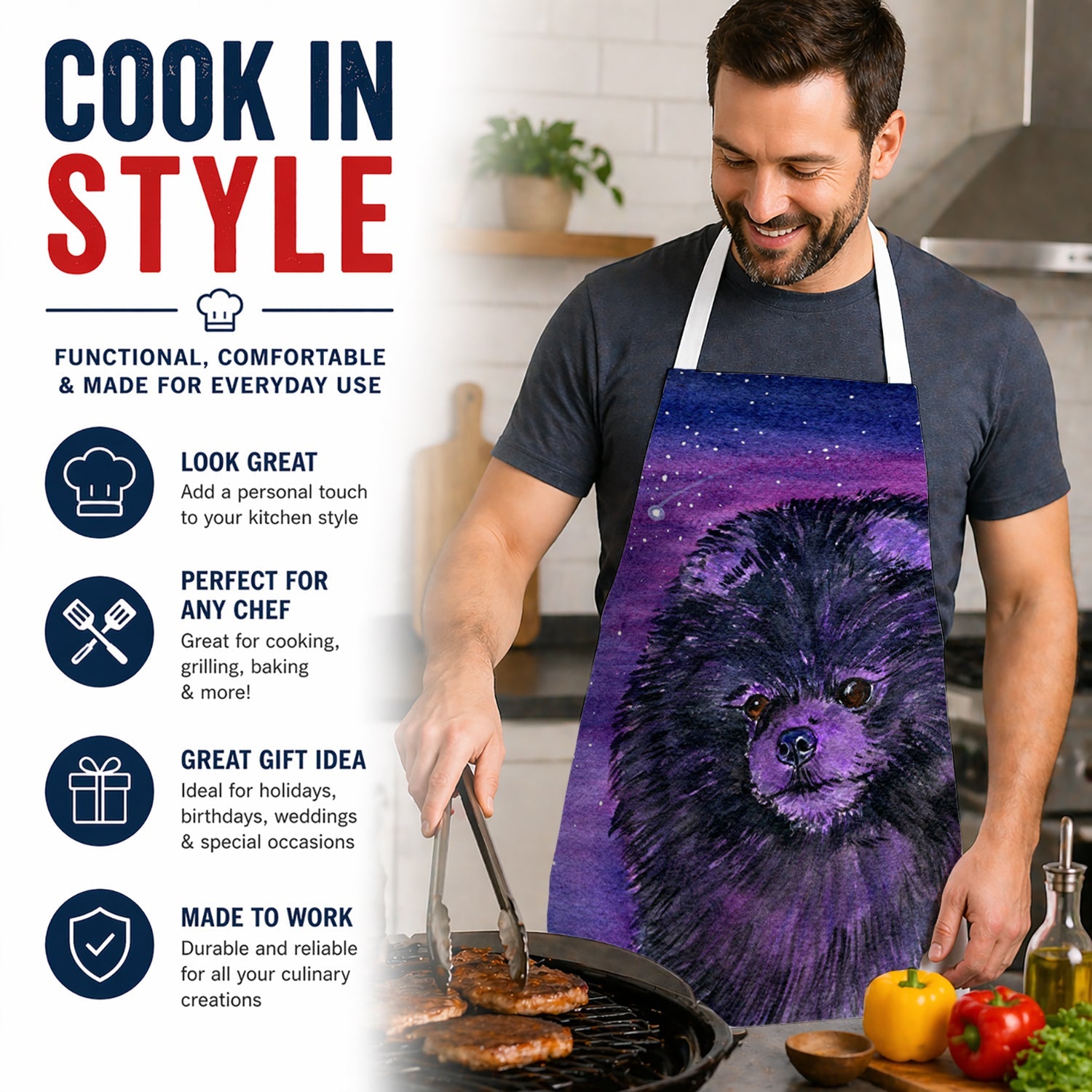 Starry Night Pomeranian Apron Cooking Kitchen Server Baking Crafts Gardening for Adult Women Men, Unisex, Large, Multicolor