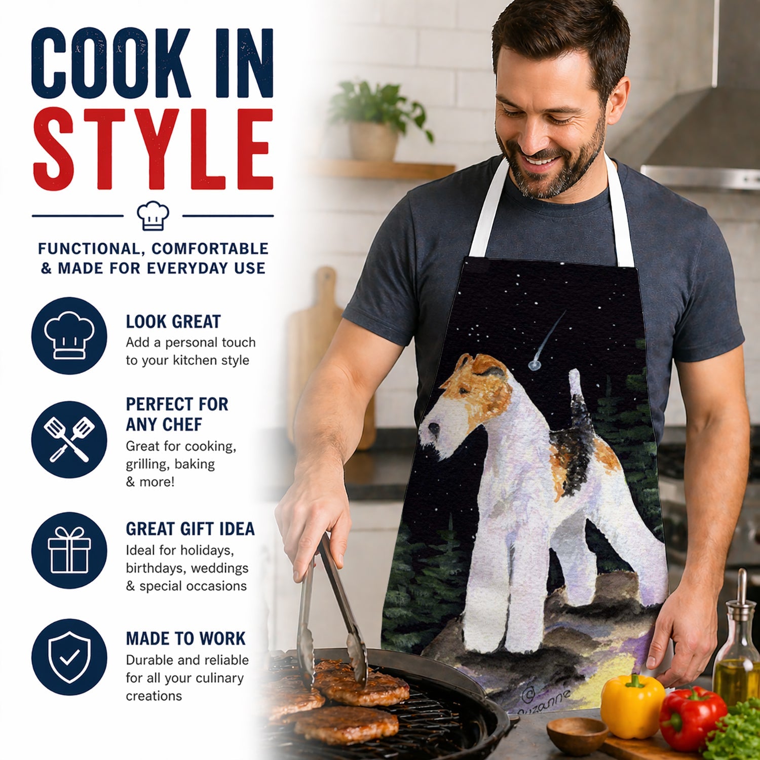 Starry Night Fox Terrier Apron Cooking Kitchen Server Baking Crafts Gardening for Adult Women Men, Unisex, Large, Multicolor