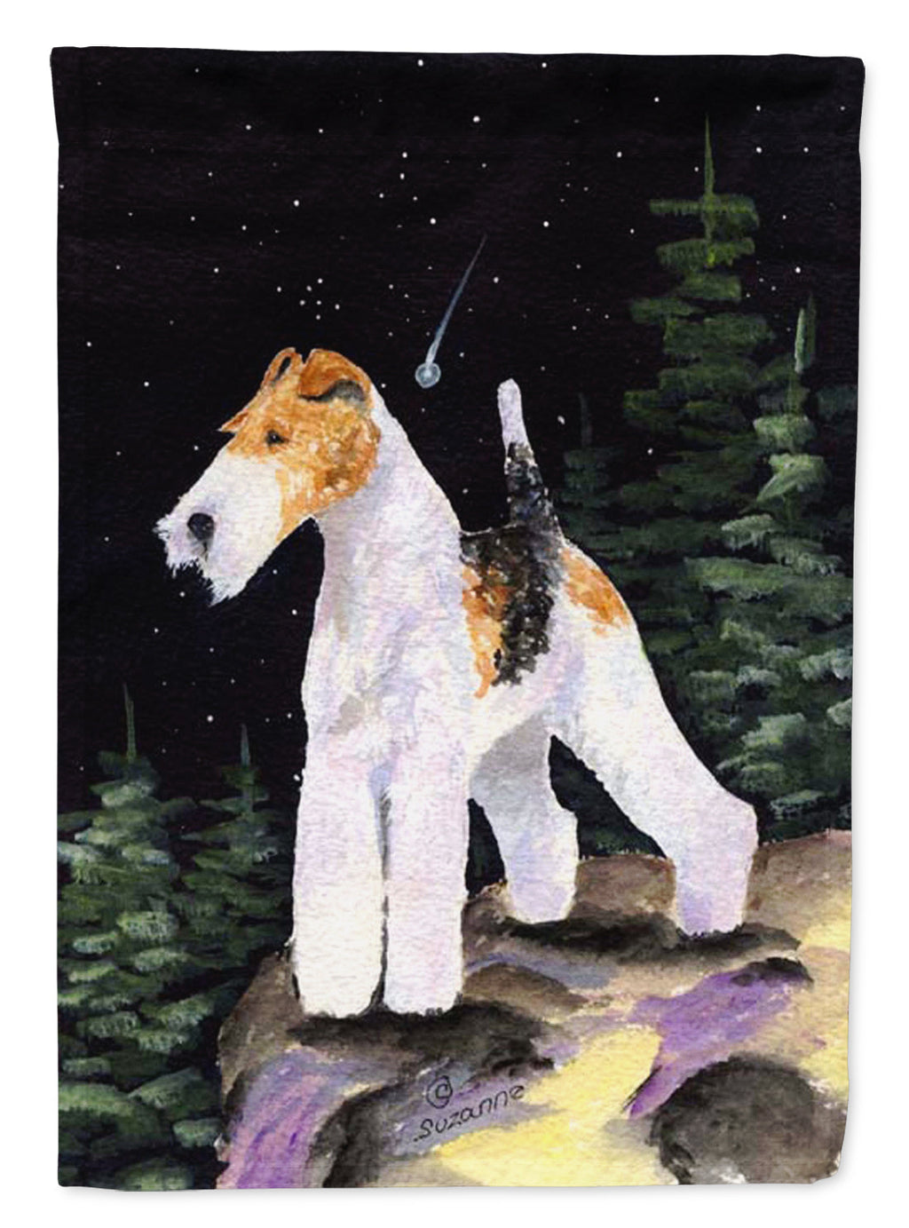 Starry Night Fox Terrier House Flag 28x40 Porch Sleeve Pole Decorative Outside Yard Banner Artwork Wall Hanging, Polyester