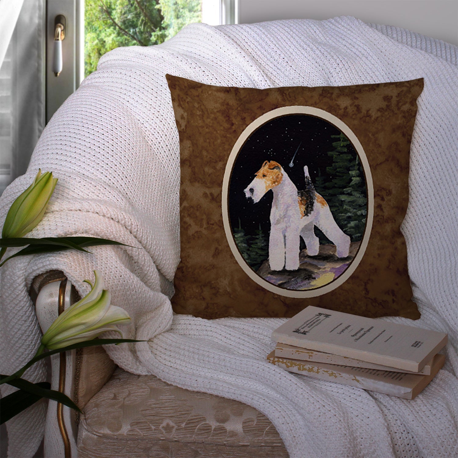 Starry Night Fox Terrier Decorative Throw Pillow 14x14 Indoor Outdoor Accent Cushion, Fabric Cover with Insert for Sofa, Bed, Porch & Living Room