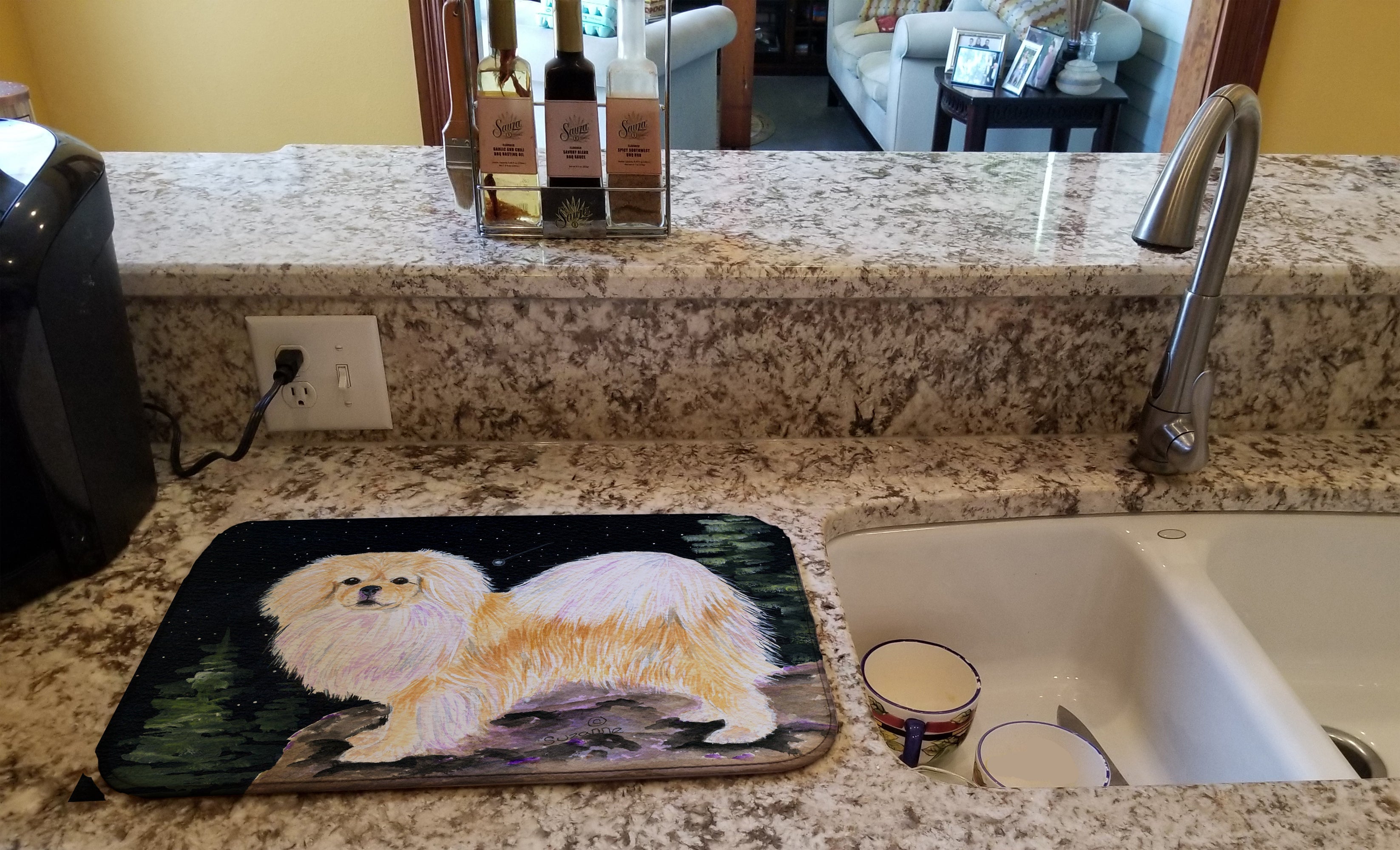 Starry Night Tibetan Spaniel Dish Drying Mat Absorbent Dish Drying Mat Pad for Kitchen Counter Dish Drainer Mat for Countertop, 14 x 21", Multicolor