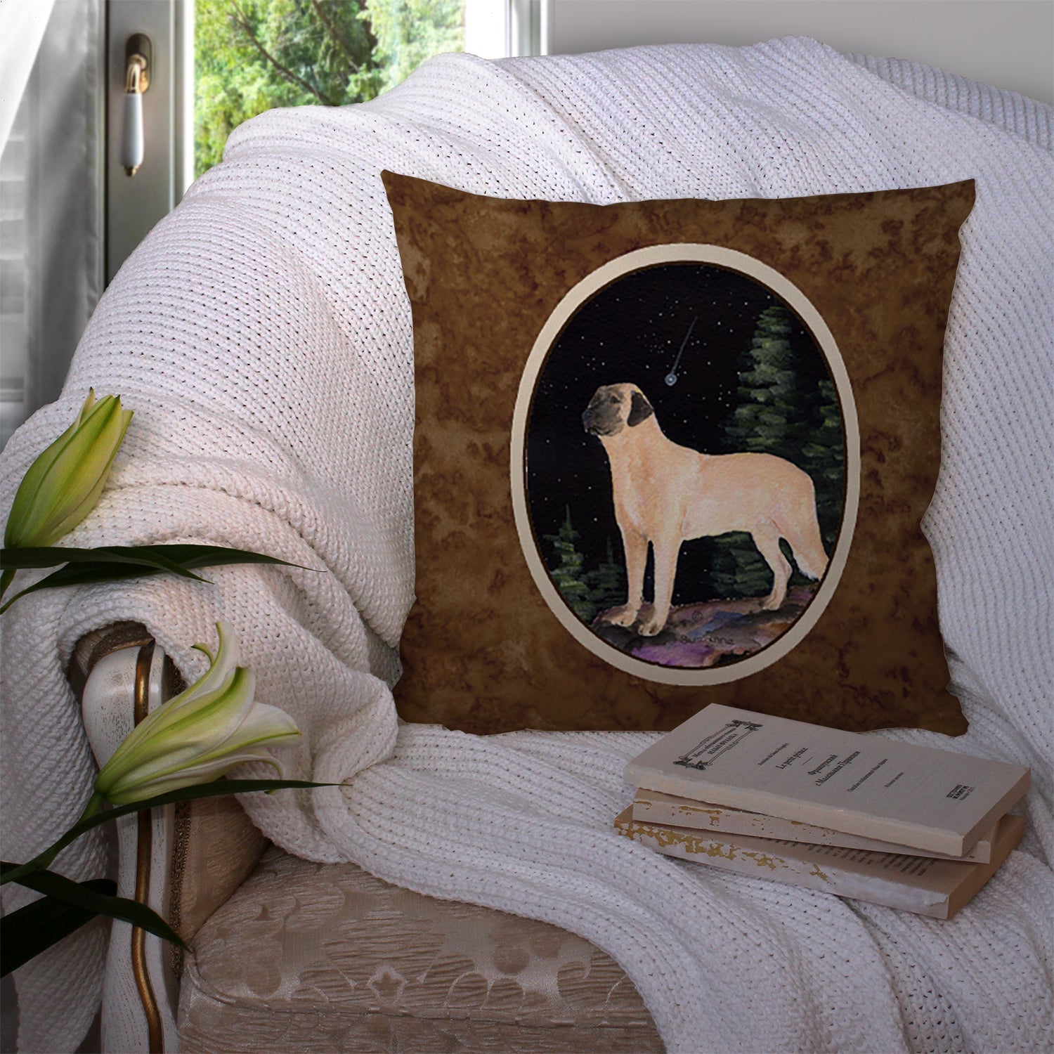 Starry Night Anatolian Shepherd Decorative Throw Pillow 14x14 Indoor Outdoor Accent Cushion, Fabric Cover with Insert for Sofa, Bed, Porch & Living Room