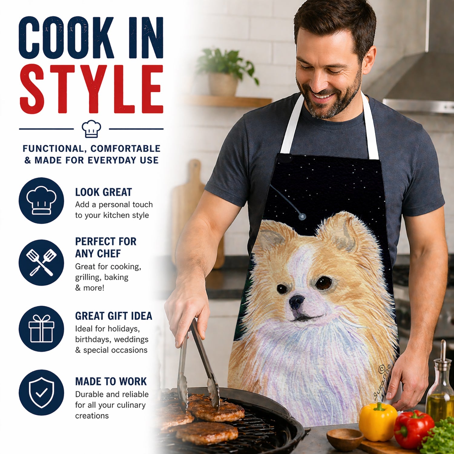Starry Night Chihuahua Apron Cooking Kitchen Server Baking Crafts Gardening for Adult Women Men, Unisex, Large, Multicolor