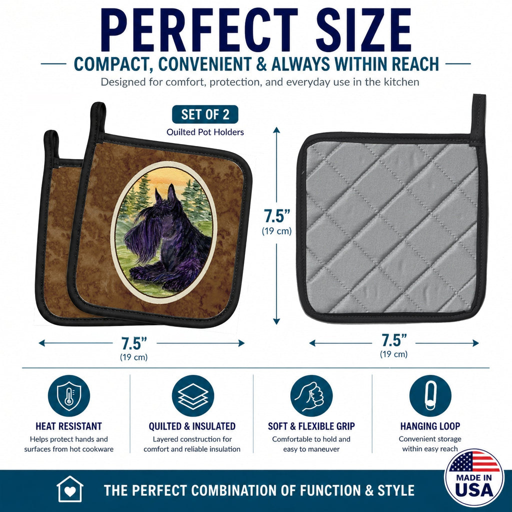 Scottish Terrier Pot Holder Set of 2 Heat Resistant Quilted Hot Pads 7.5 x 7.5 Inch, Insulated Kitchen Trivets for Cooking & Baking