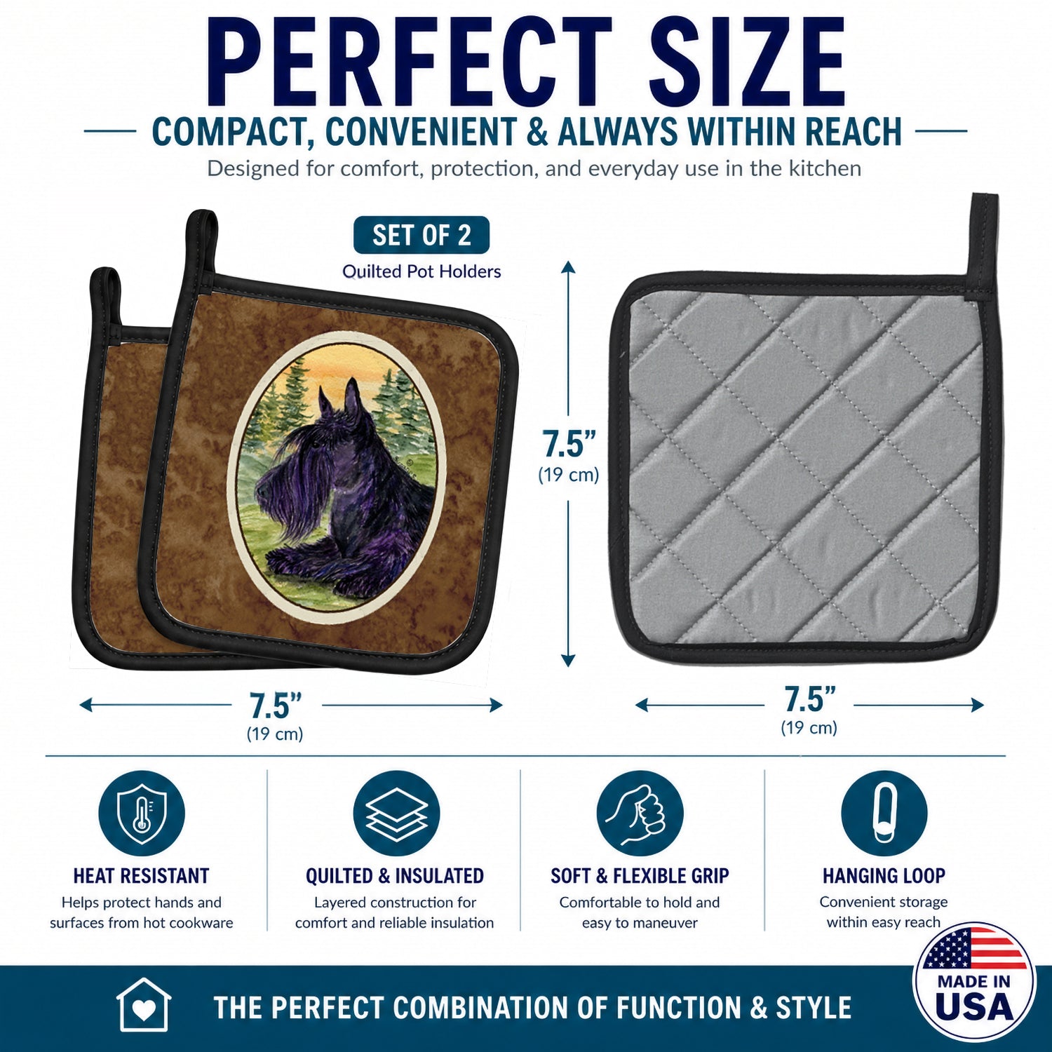 Scottish Terrier Pot Holder Set of 2 Heat Resistant Quilted Hot Pads 7.5 x 7.5 Inch, Insulated Kitchen Trivets for Cooking & Baking