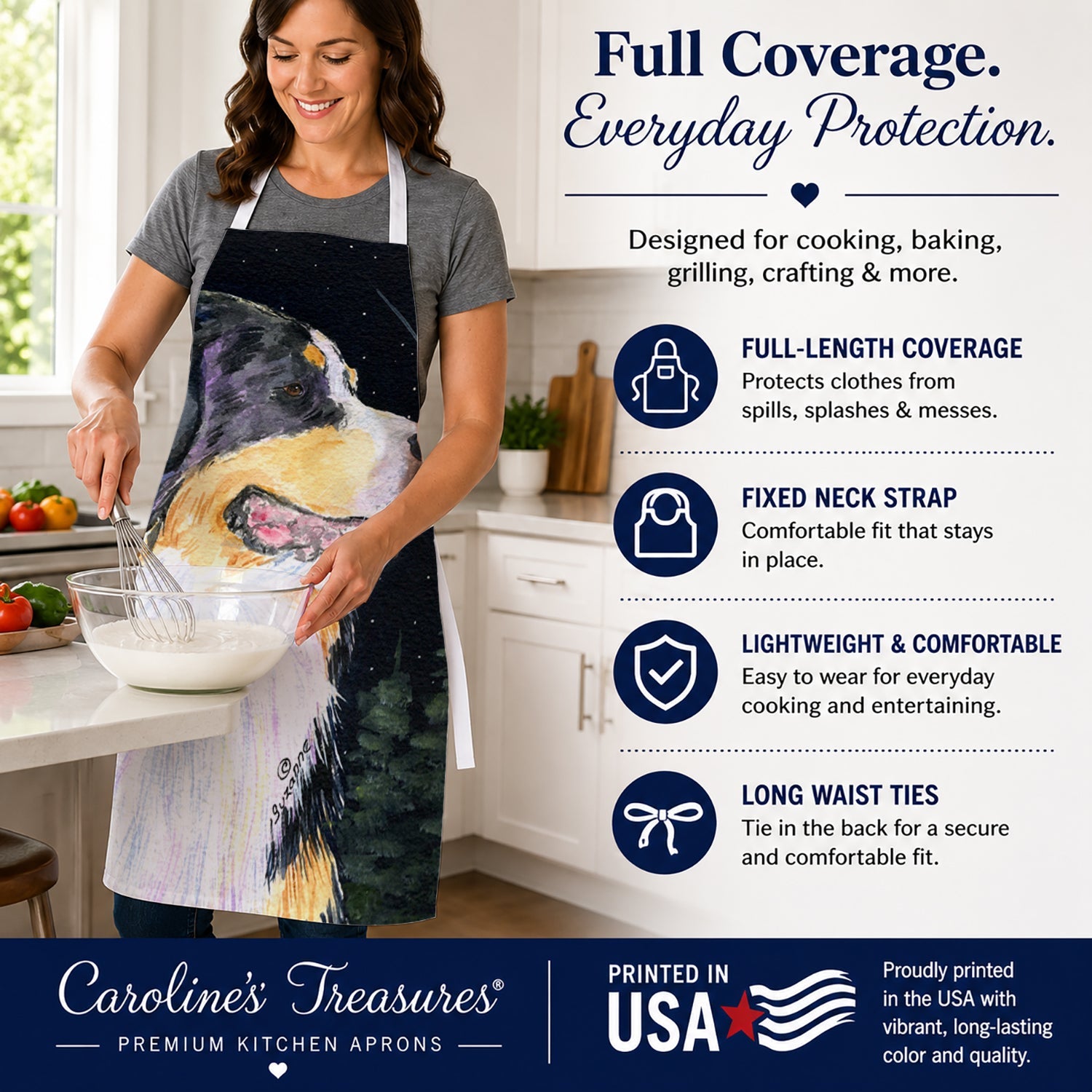 Starry Night Bernese Mountain Dog Apron Cooking Kitchen Server Baking Crafts Gardening for Adult Women Men, Unisex, Large, Multicolor
