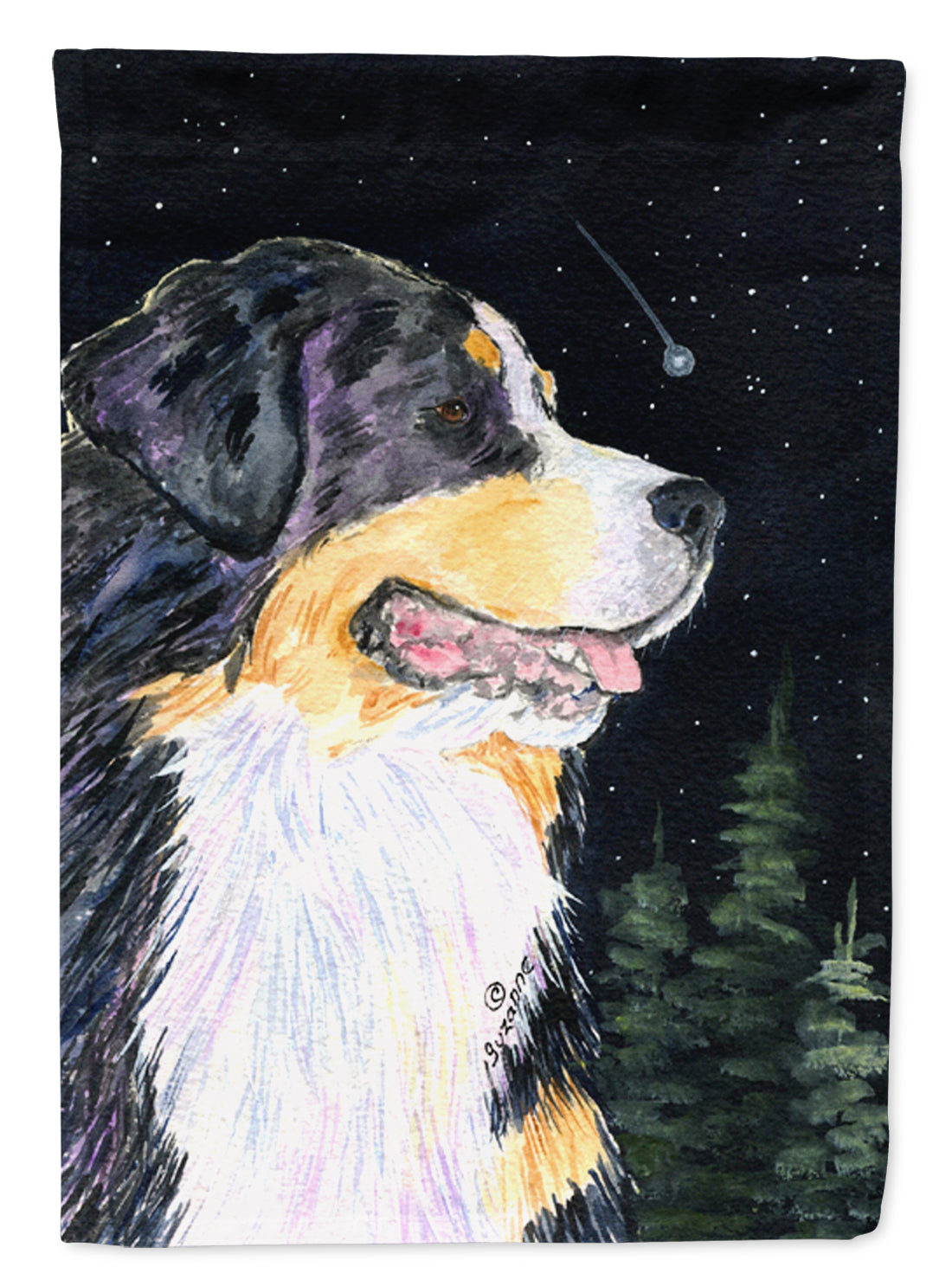 Starry Night Bernese Mountain Dog House Flag 28x40 Porch Sleeve Pole Decorative Outside Yard Banner Artwork Wall Hanging, Polyester