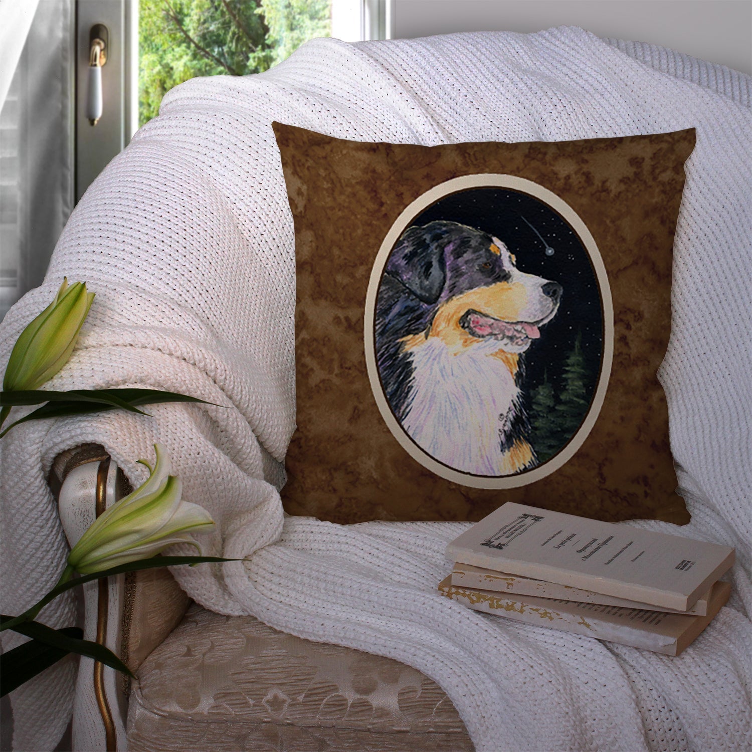 Starry Night Bernese Mountain Dog Decorative Throw Pillow 14x14 Indoor Outdoor Accent Cushion, Fabric Cover with Insert for Sofa, Bed, Porch & Living Room