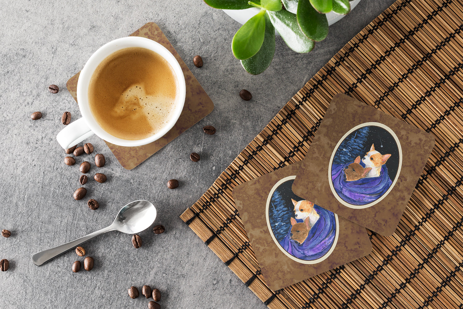 Starry Night Chihuahua Foam Coasters Set of 4 Cup Coasters for Indoor Outdoor, Tabletop Protection, Anti Slip, Mouse pad Material