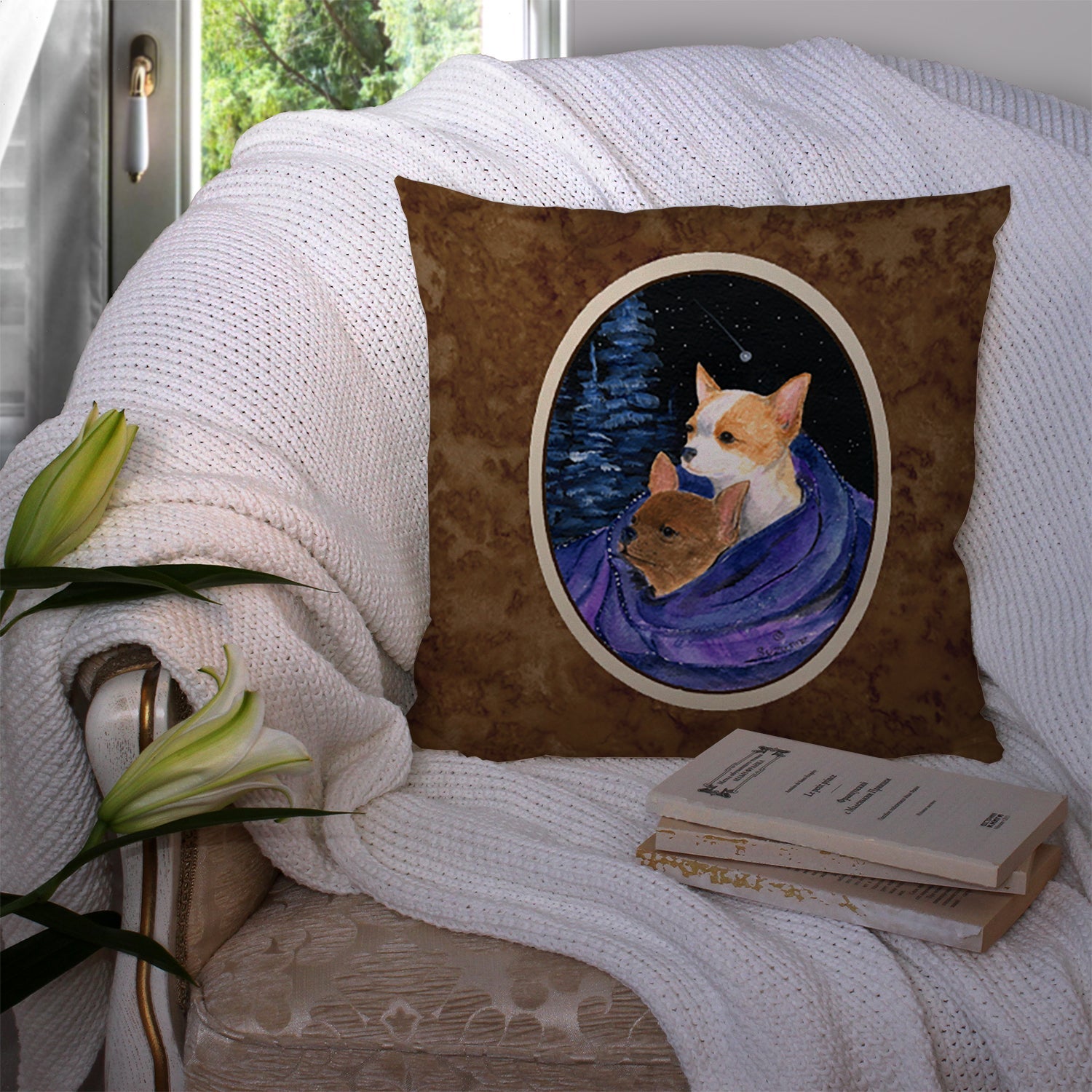 Starry Night Chihuahua Decorative Throw Pillow 14x14 Indoor Outdoor Accent Cushion, Fabric Cover with Insert for Sofa, Bed, Porch & Living Room
