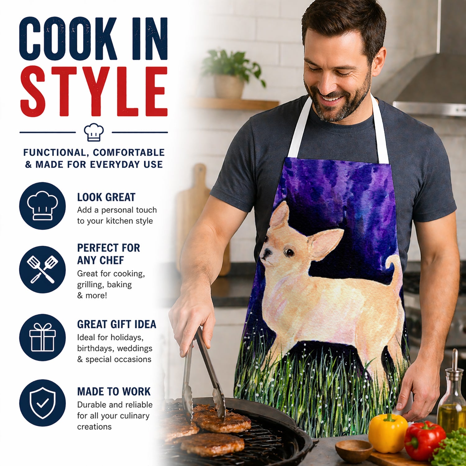 Starry Night Chihuahua Apron Cooking Kitchen Server Baking Crafts Gardening for Adult Women Men, Unisex, Large, Multicolor
