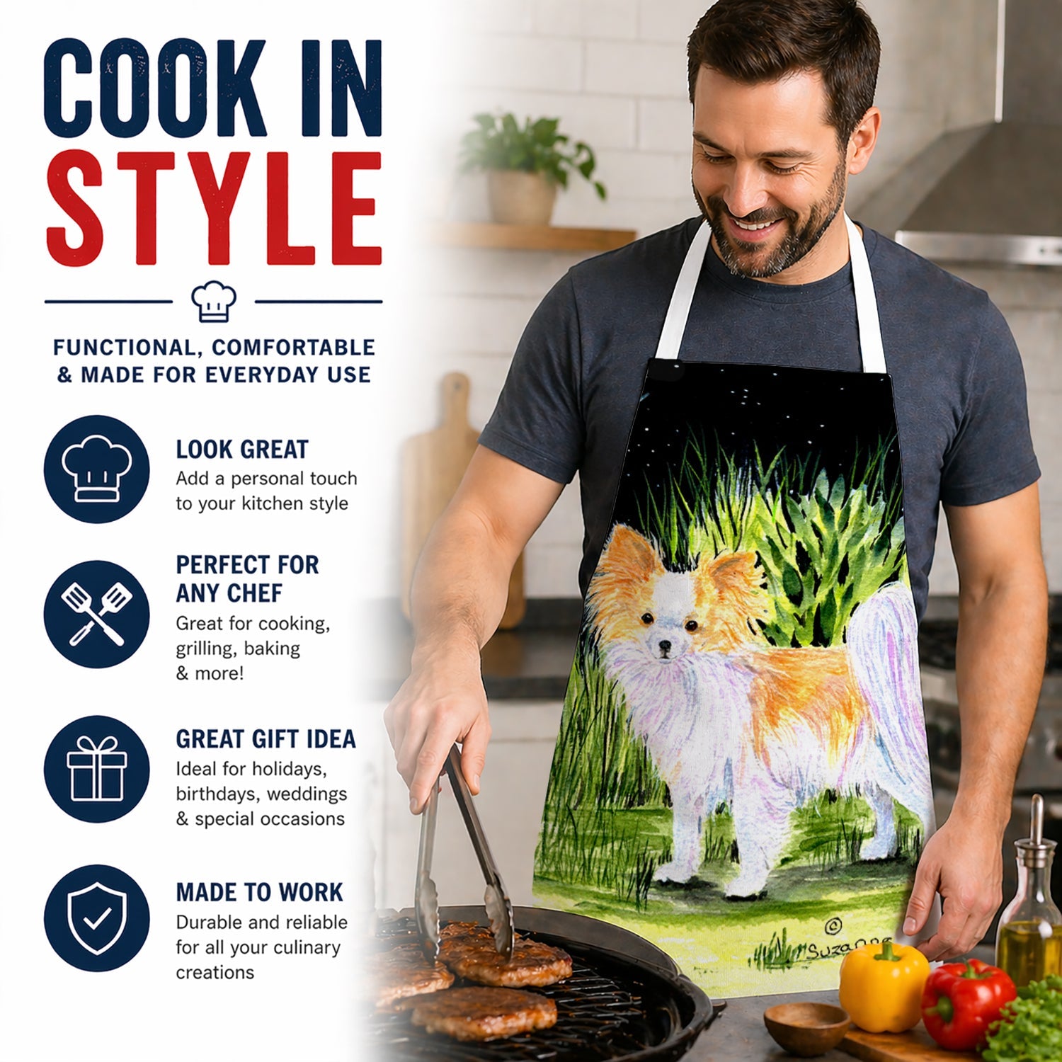 Starry Night Chihuahua Apron Cooking Kitchen Server Baking Crafts Gardening for Adult Women Men, Unisex, Large, Multicolor