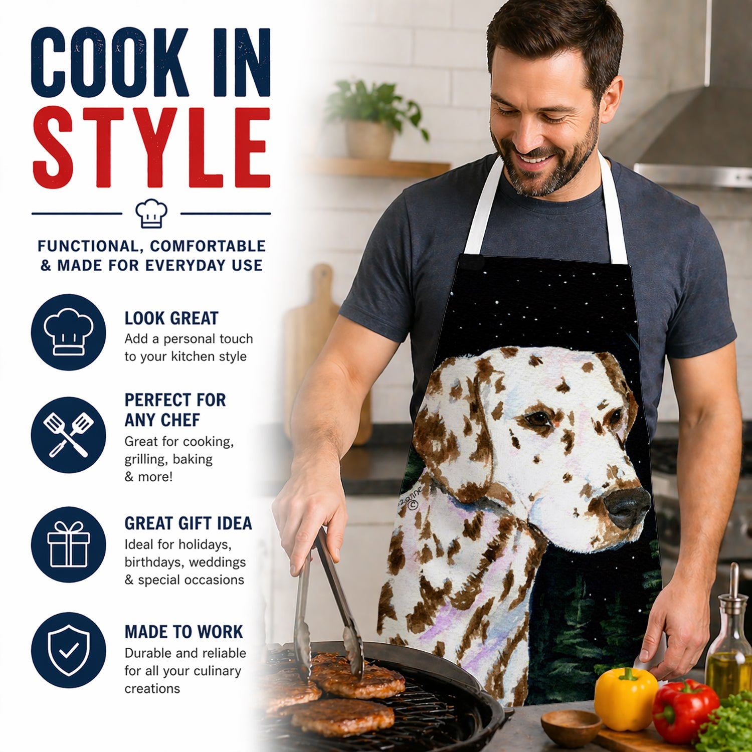 Starry Night Dalmatian Apron Cooking Kitchen Server Baking Crafts Gardening for Adult Women Men, Unisex, Large, Multicolor