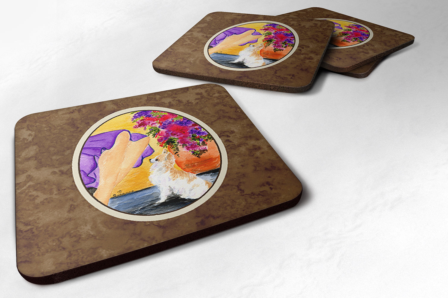 Lady with her Chihuahua Foam Coasters Set of 4 Cup Coasters for Indoor Outdoor, Tabletop Protection, Anti Slip, Mouse pad Material